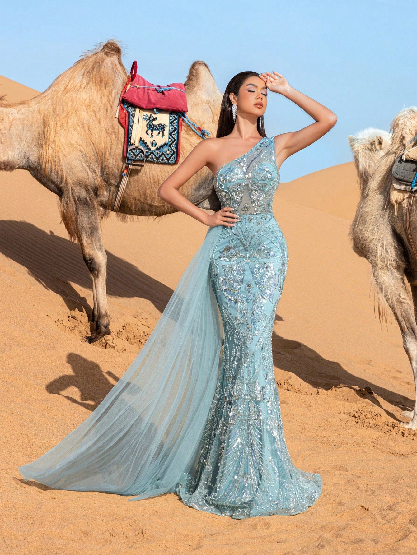 Gorgeous One Shoulder Tulle Draped Side Mermaid Hem Beaded Formal Dresses & Evening Gowns