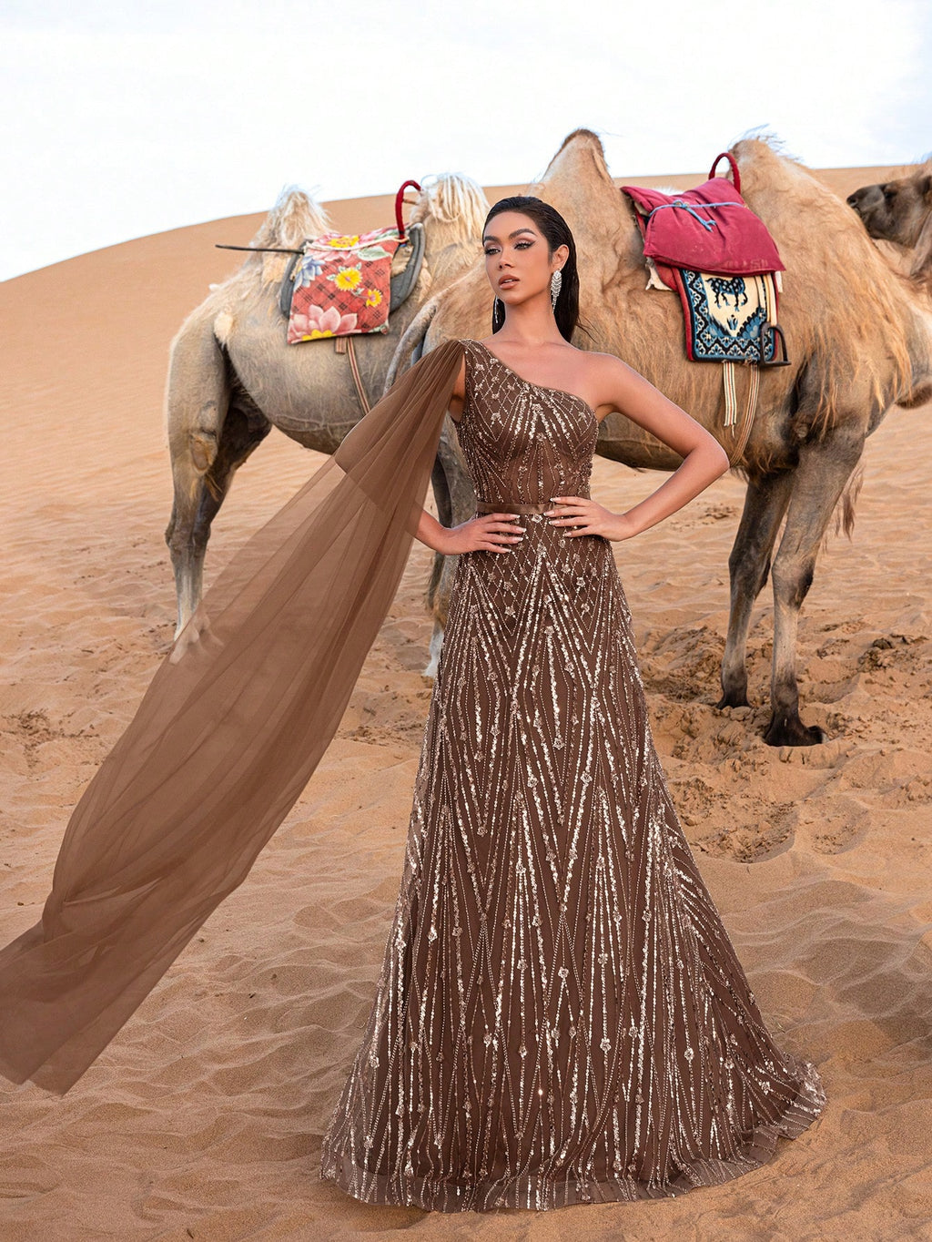 Gorgeous One Shoulder Cape Sleeves Sequin Beaded Formal Dresses & Evening Gowns