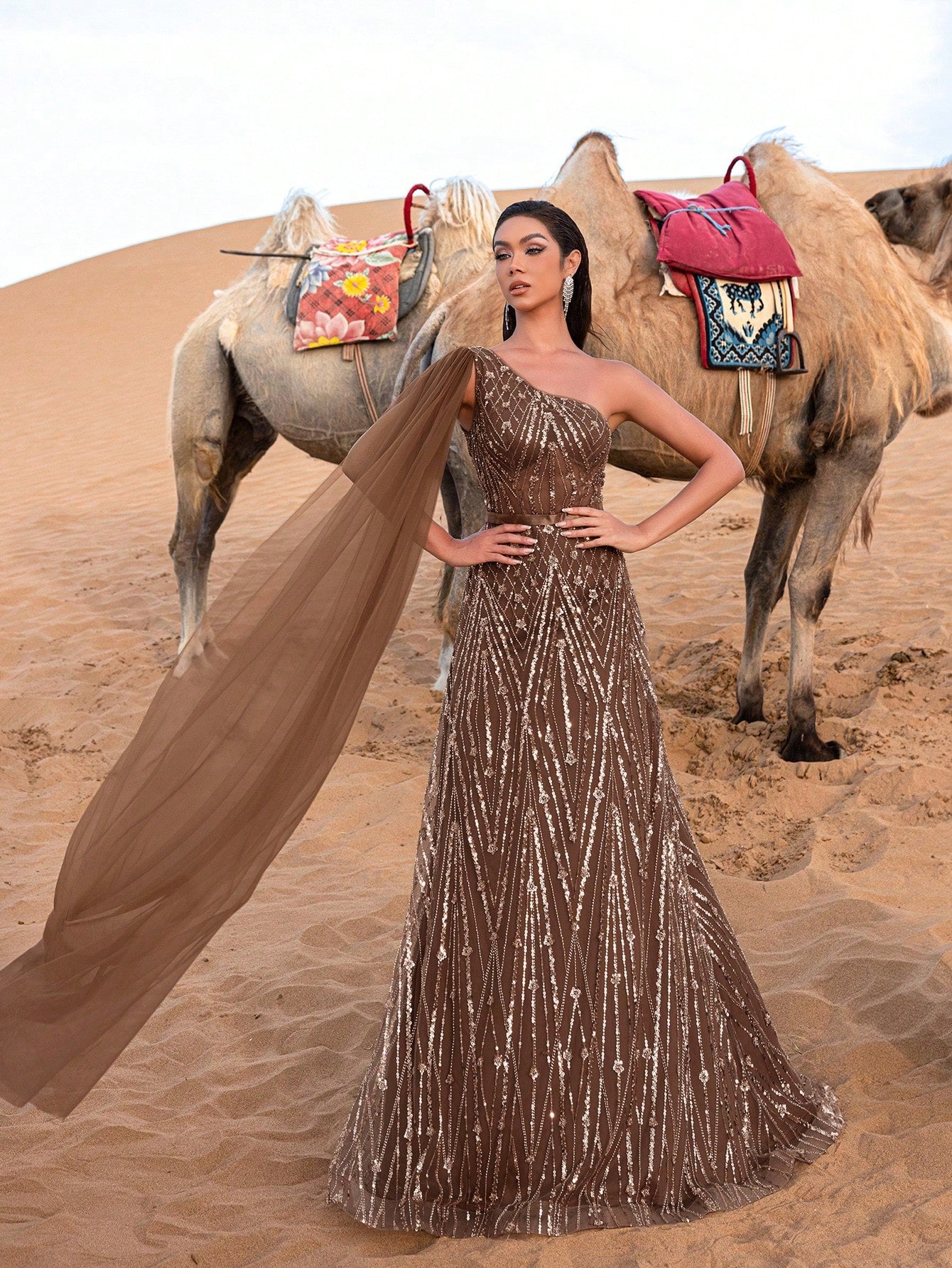 Gorgeous One Shoulder Cape Sleeves Sequin Beaded Formal Dresses & Evening Gowns