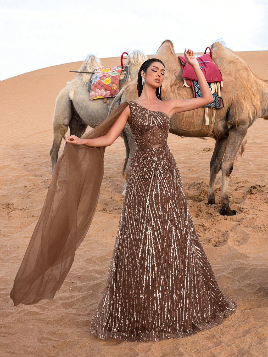 Gorgeous One Shoulder Cape Sleeves Sequin Beaded Formal Dresses & Evening Gowns