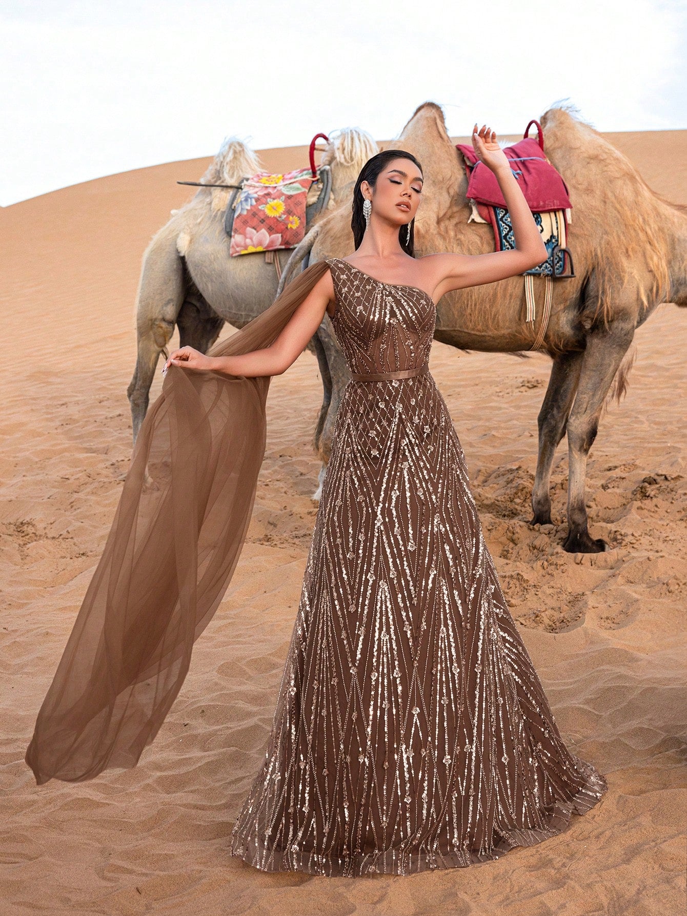 Gorgeous One Shoulder Cape Sleeves Sequin Beaded Formal Dresses & Evening Gowns