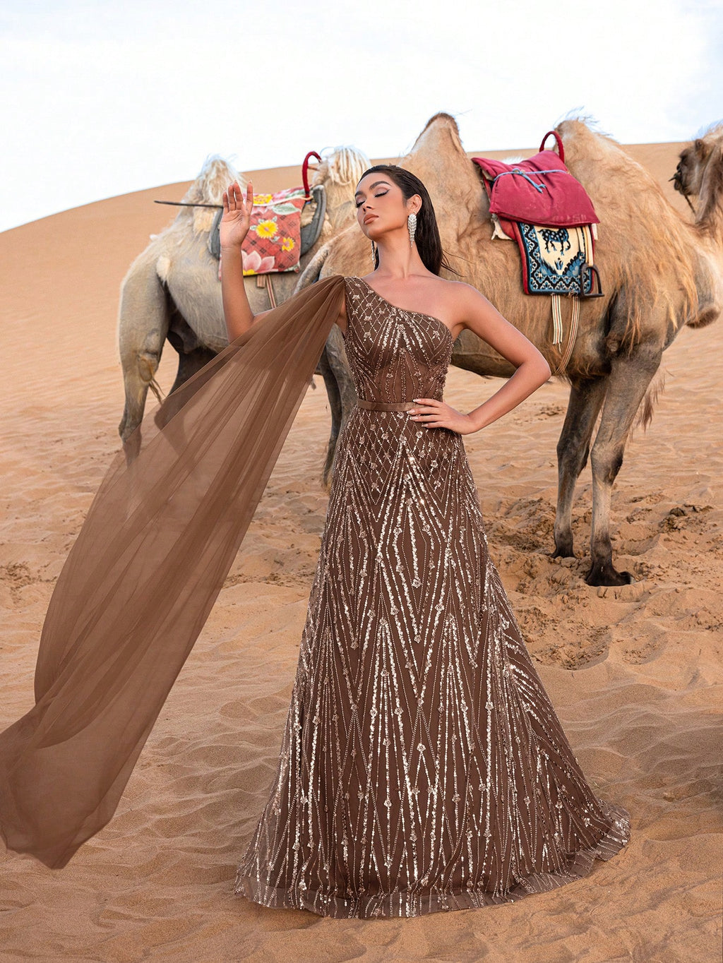 Gorgeous One Shoulder Cape Sleeves Sequin Beaded Formal Dresses & Evening Gowns