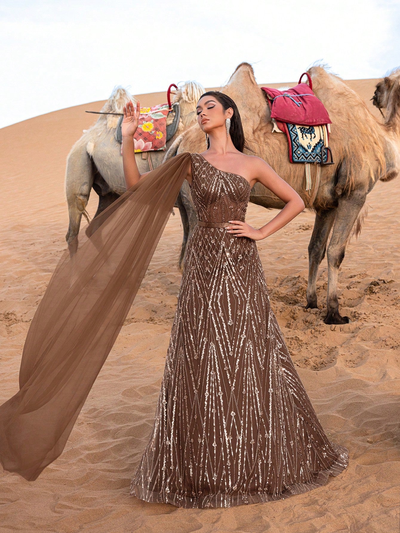Gorgeous One Shoulder Cape Sleeves Sequin Beaded Formal Dresses & Evening Gowns