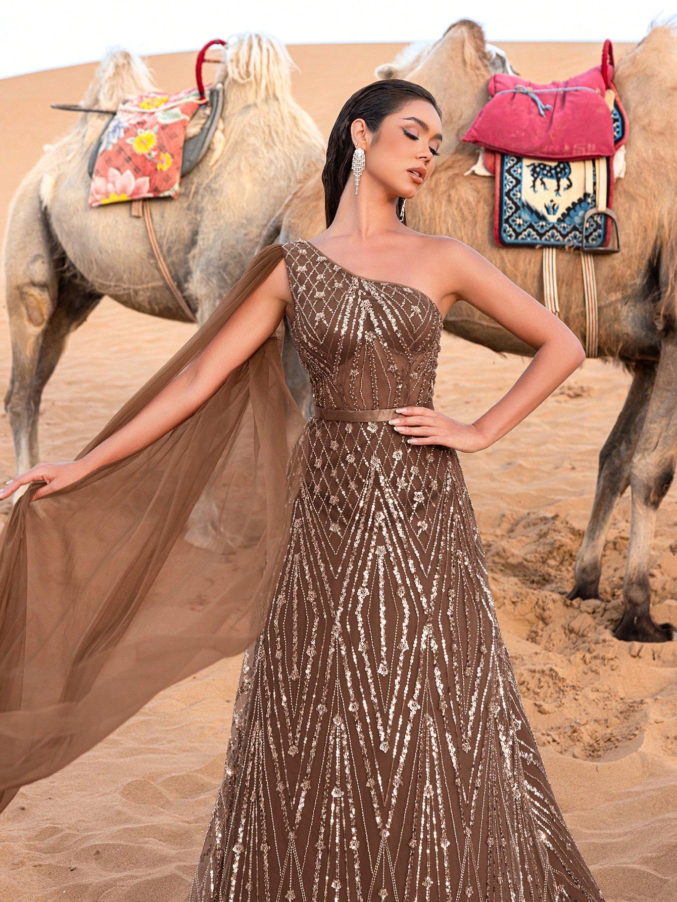 Gorgeous One Shoulder Cape Sleeves Sequin Beaded Formal Dresses & Evening Gowns