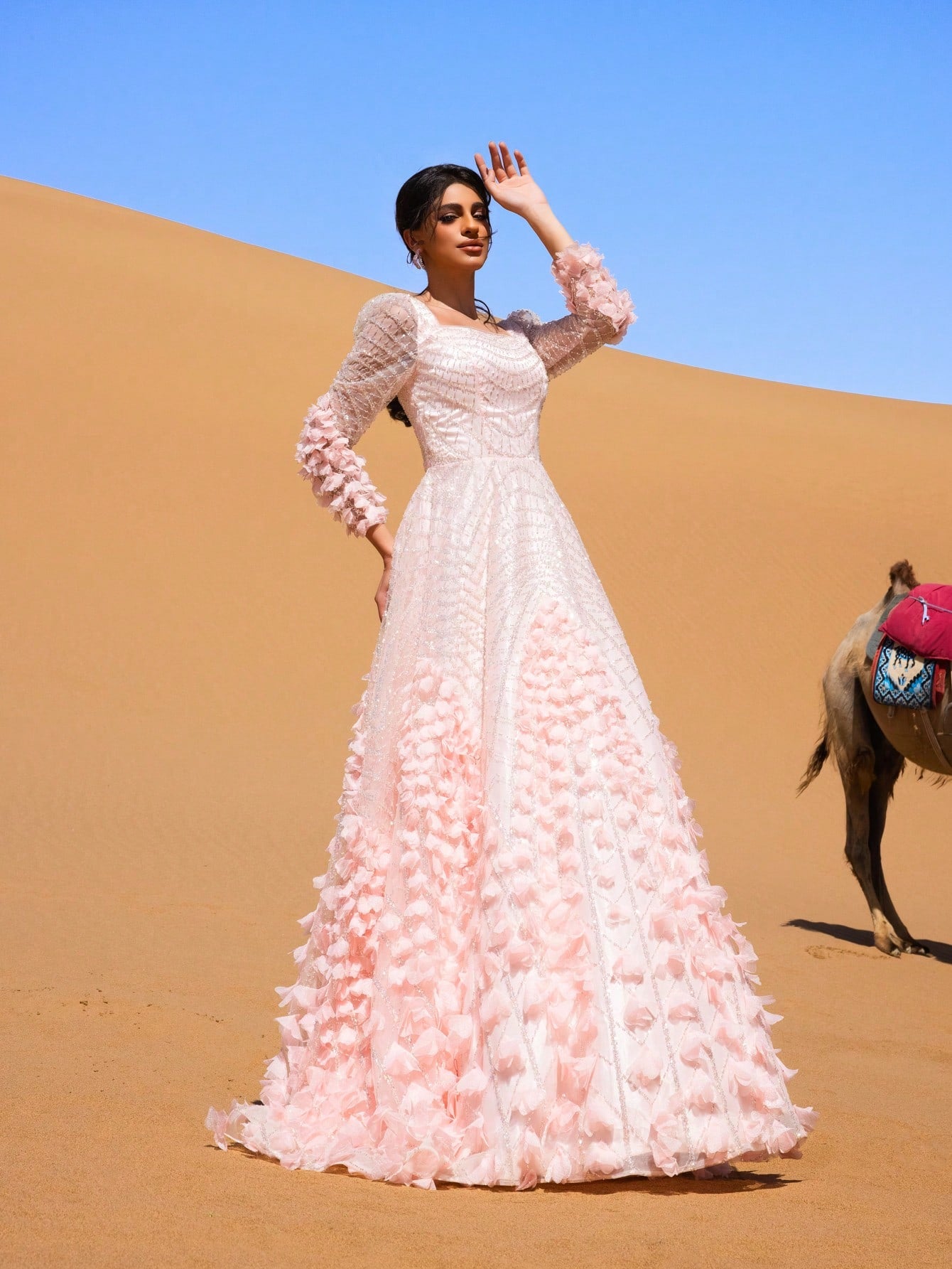 Luxury Beaded Detail Floral Appliqué Evening Dress