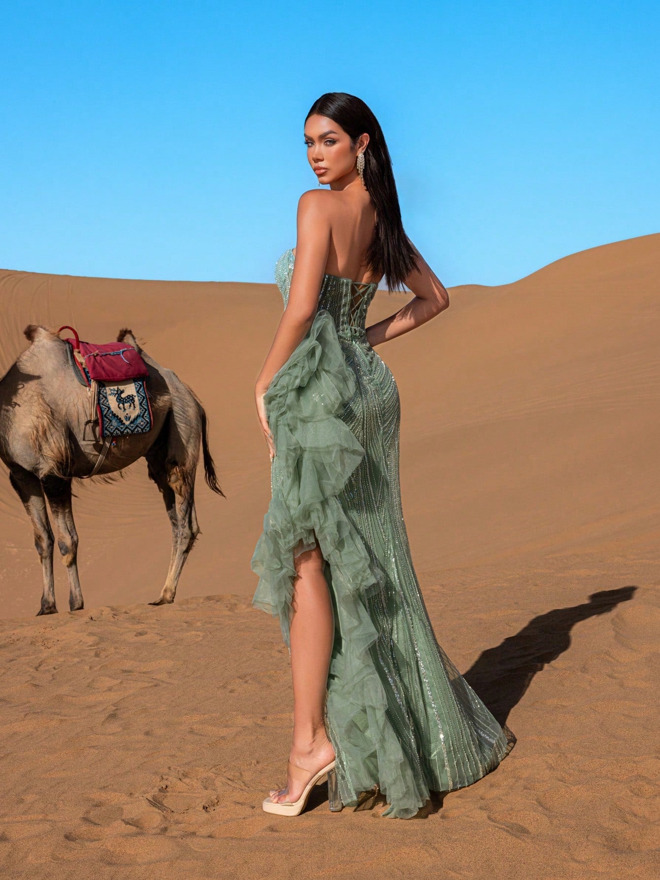 Elegant Strapless Evening Gown with Back Tie-Up Closure & Asymmetric Ruffle Hem