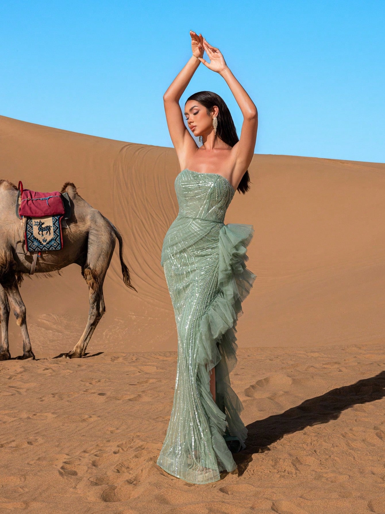 Elegant Strapless Evening Gown with Back Tie-Up Closure & Asymmetric Ruffle Hem