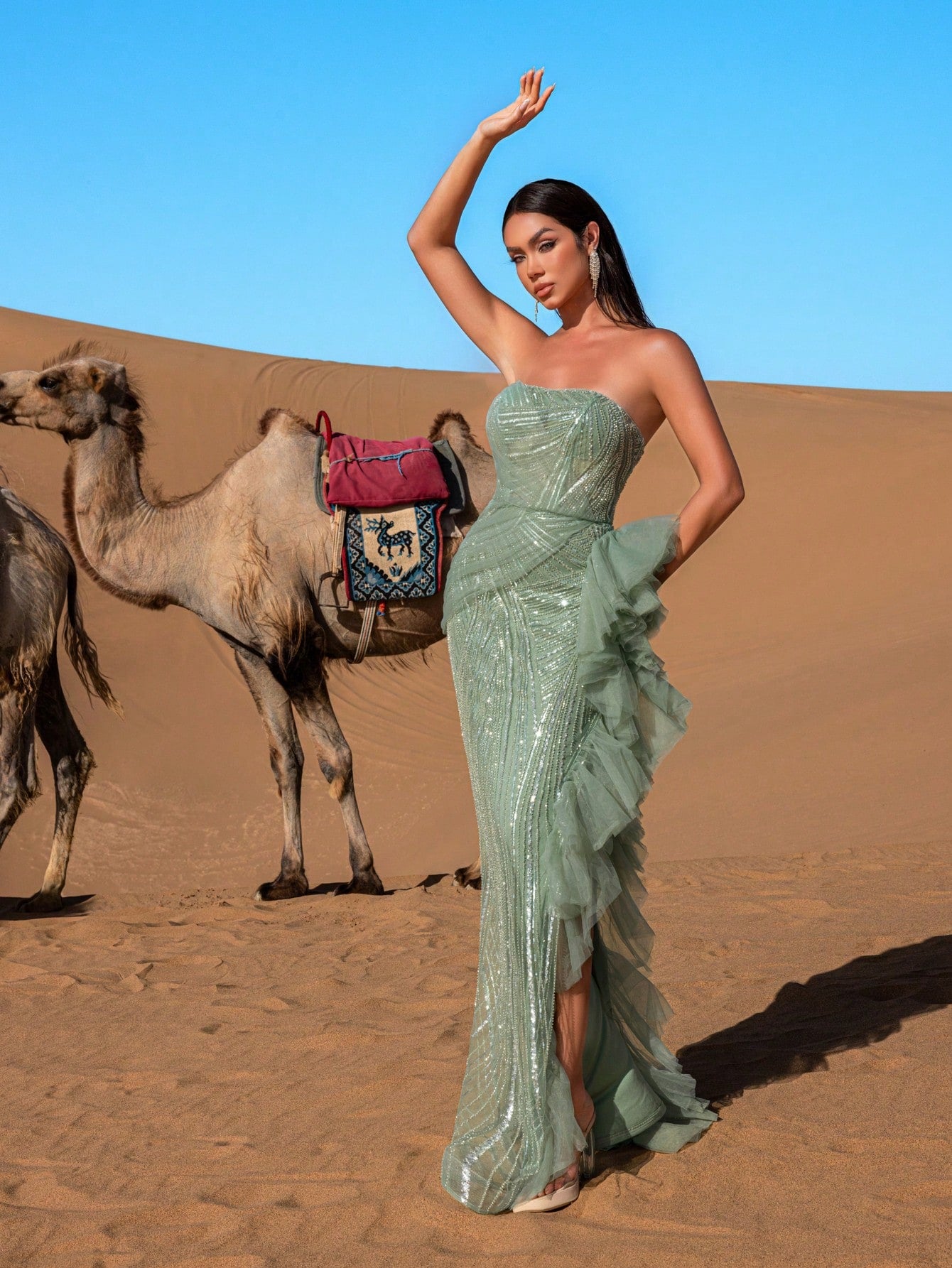 Elegant Strapless Evening Gown with Back Tie-Up Closure & Asymmetric Ruffle Hem