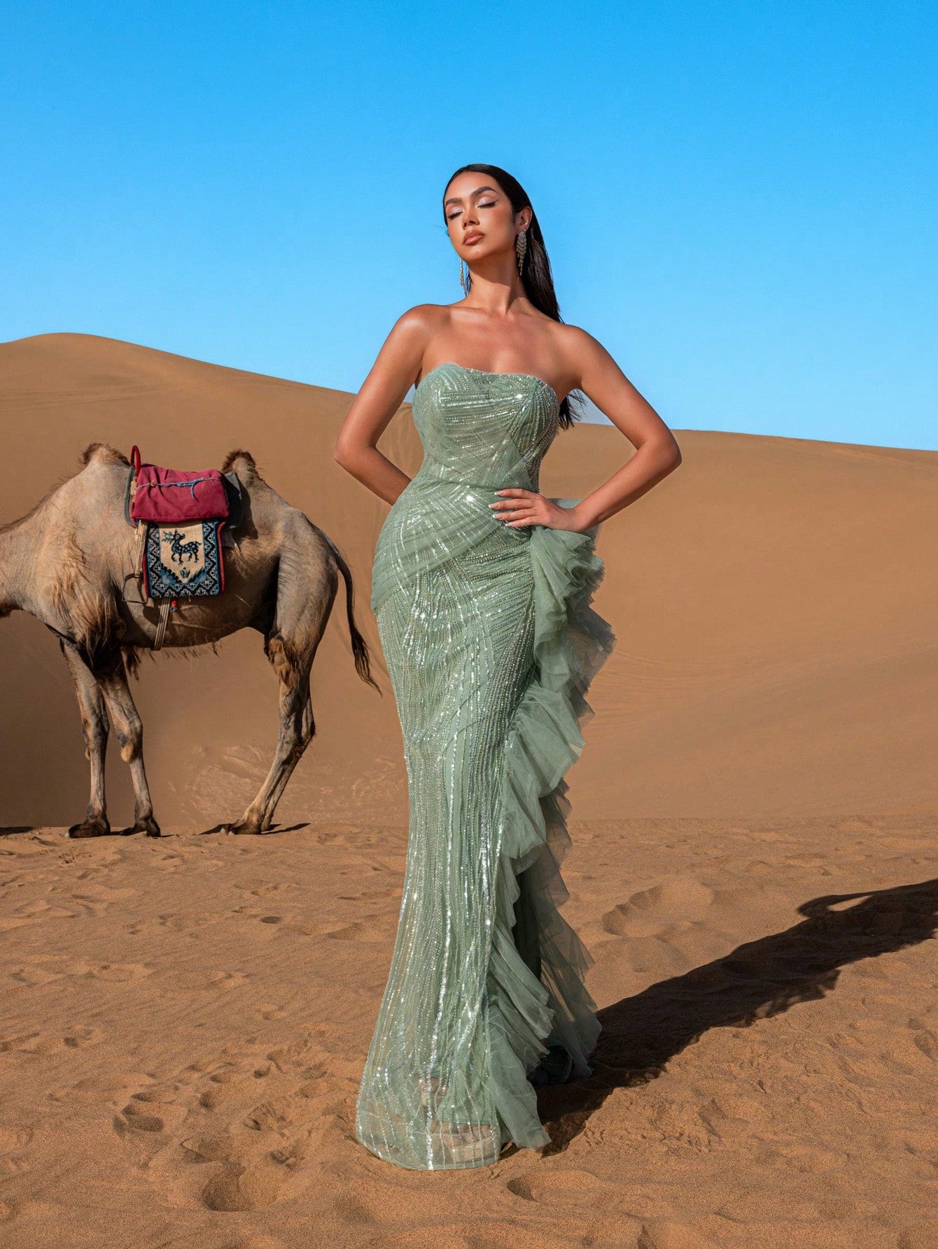 Elegant Strapless Evening Gown with Back Tie-Up Closure & Asymmetric Ruffle Hem