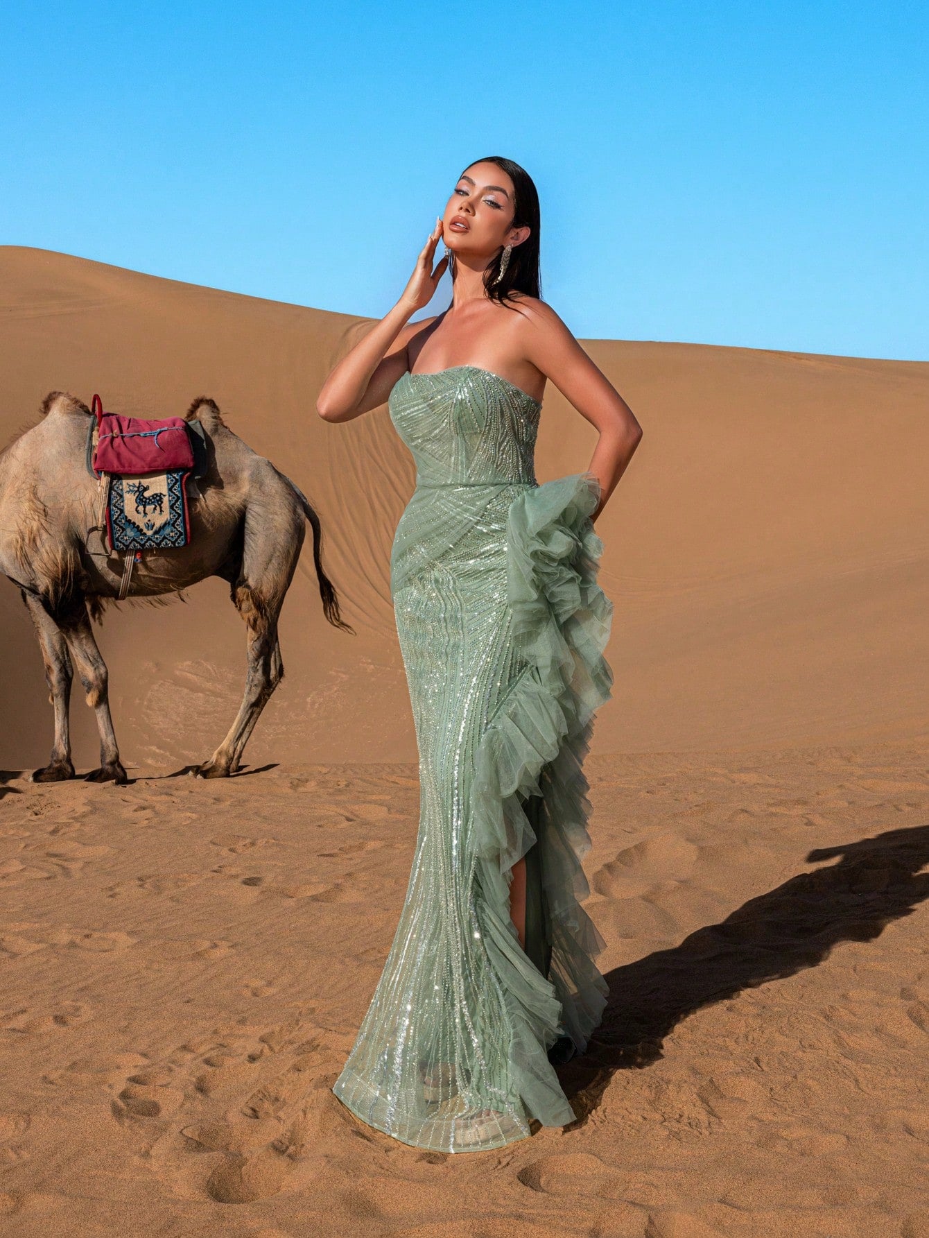 Elegant Strapless Evening Gown with Back Tie-Up Closure & Asymmetric Ruffle Hem