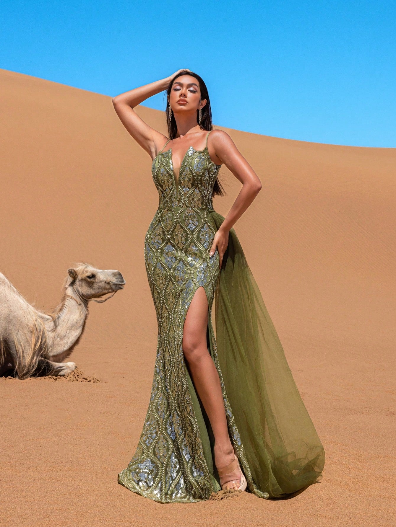 Gorgeous Sheer Overlay Mermaid Hem Beaded Sequined Slip Evening Dress