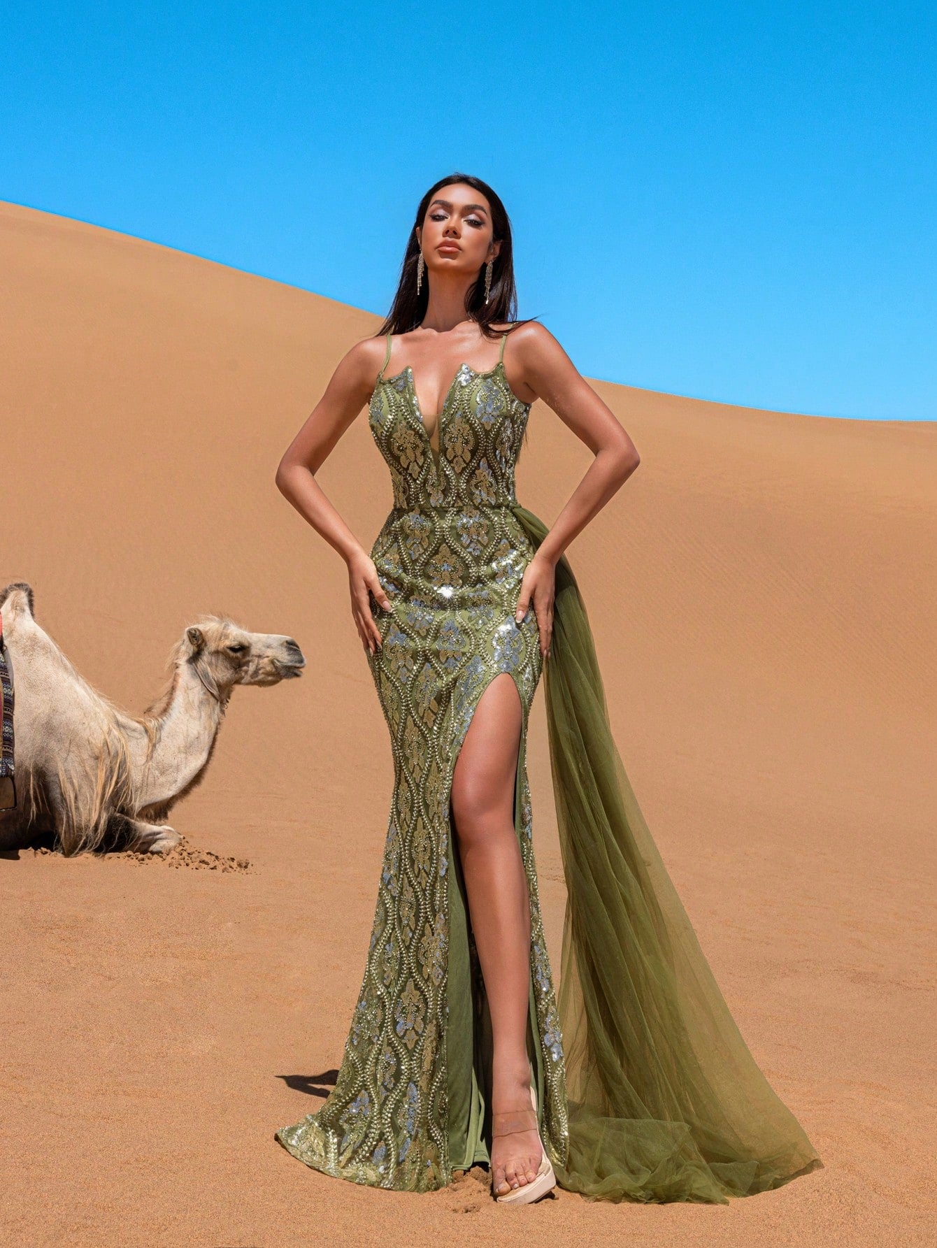 Gorgeous Sheer Overlay Mermaid Hem Beaded Sequined Slip Evening Dress