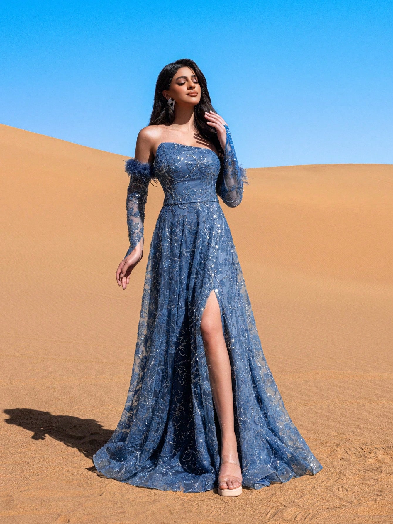 Luxury Off Shoulder Floral Sequin Embellished Dress & Beaded Gowns & Beaded Formal Dresses & Evening Gowns