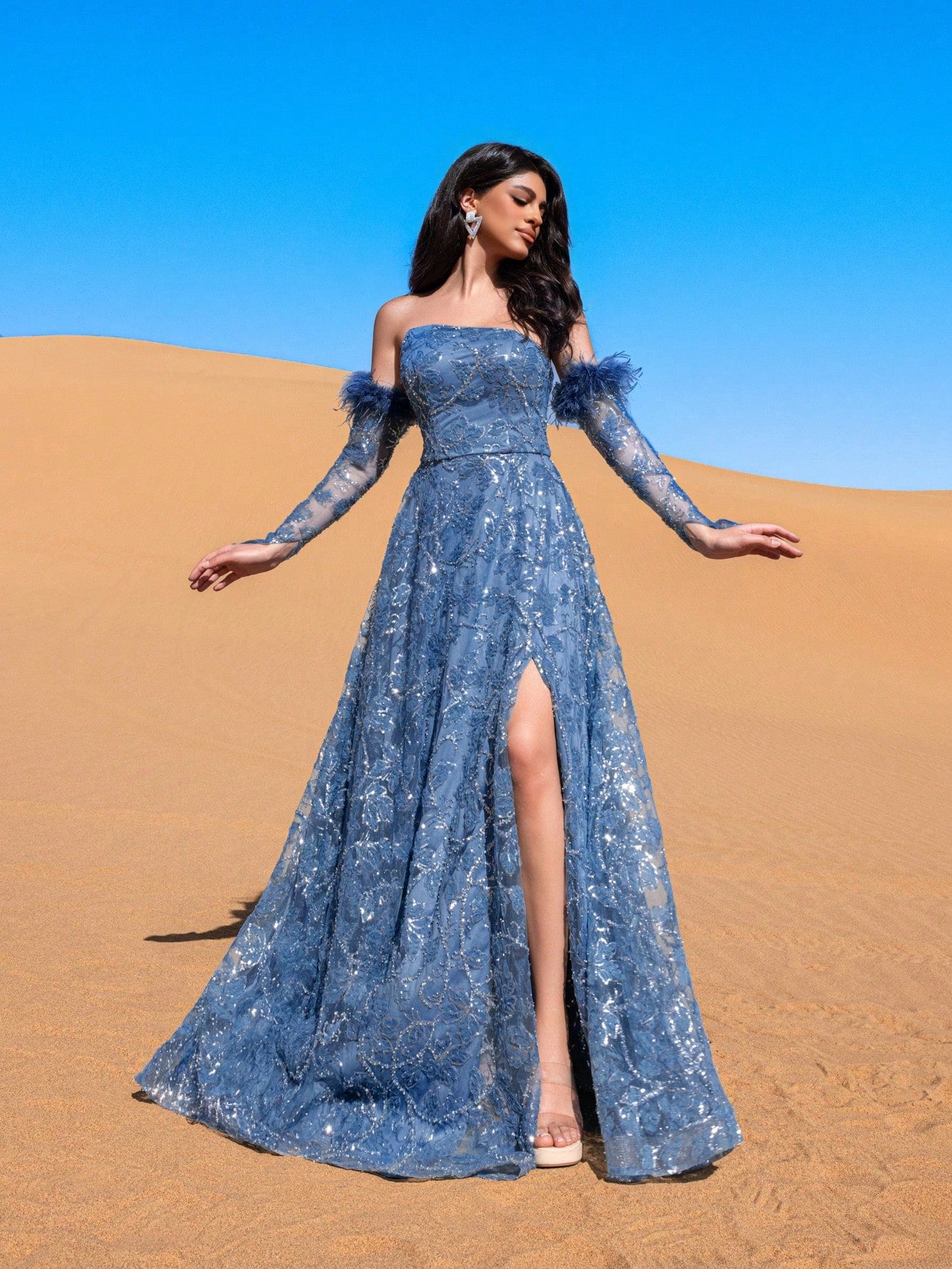 Luxury Off Shoulder Floral Sequin Embellished Dress & Beaded Gowns & Beaded Formal Dresses & Evening Gowns