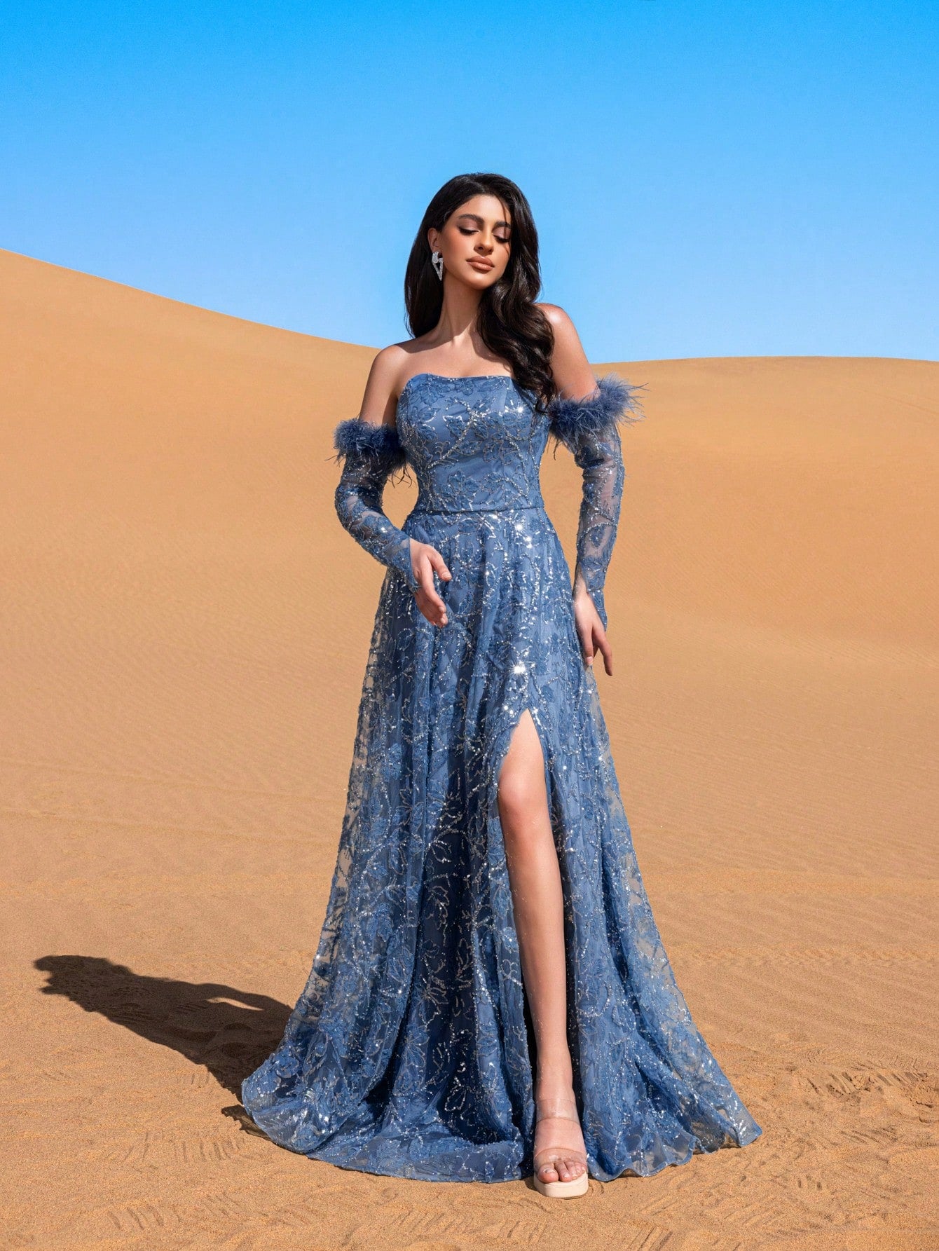 Luxury Off Shoulder Floral Sequin Embellished Dress & Beaded Gowns & Beaded Formal Dresses & Evening Gowns