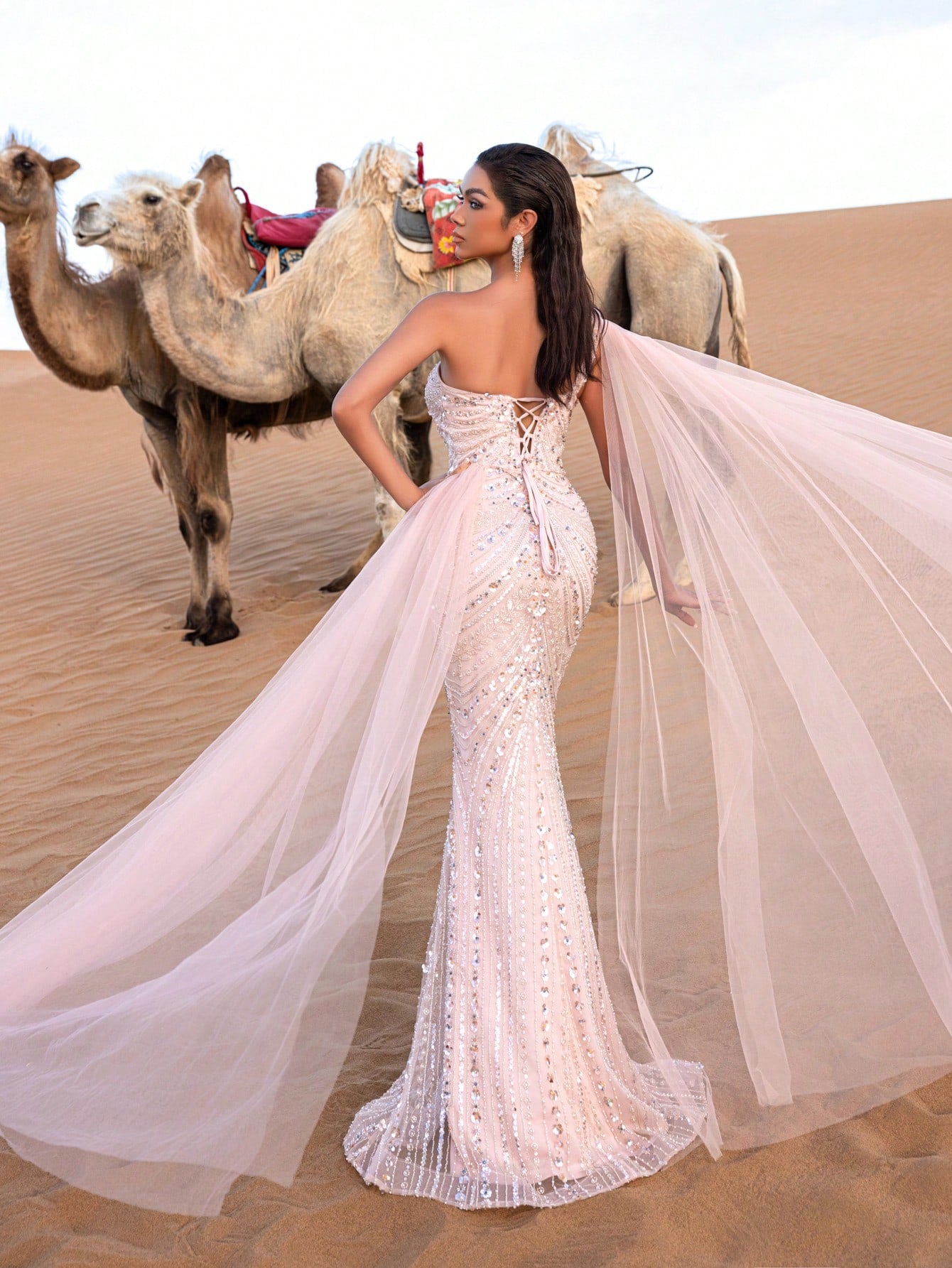 Gorgeous One Shoulder Mesh Overlay Beaded Formal Dresses & Evening Gowns