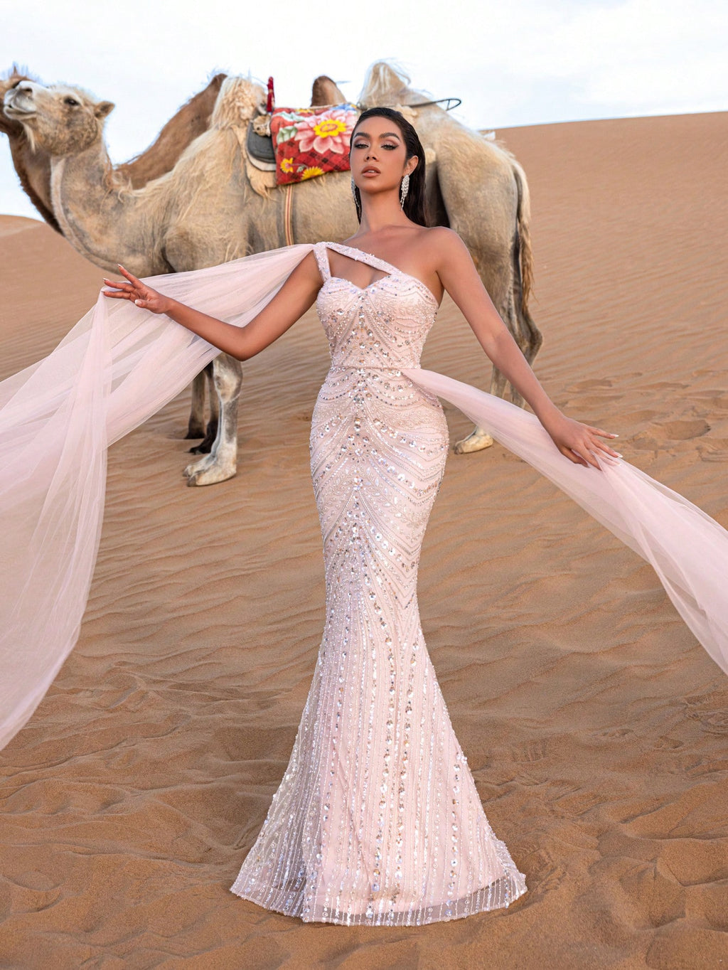 Gorgeous One Shoulder Mesh Overlay Beaded Formal Dresses & Evening Gowns