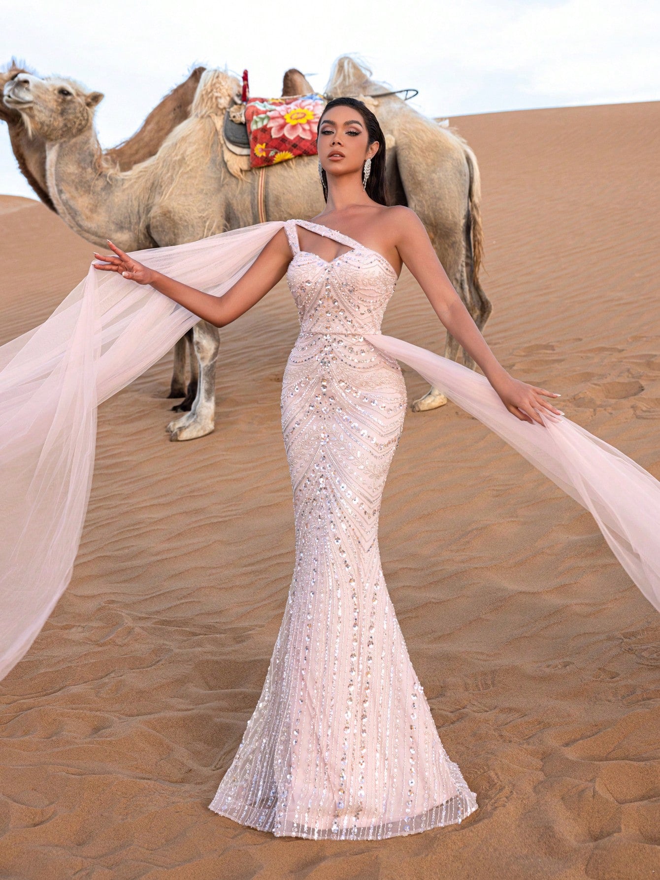 Gorgeous One Shoulder Mesh Overlay Beaded Formal Dresses & Evening Gowns