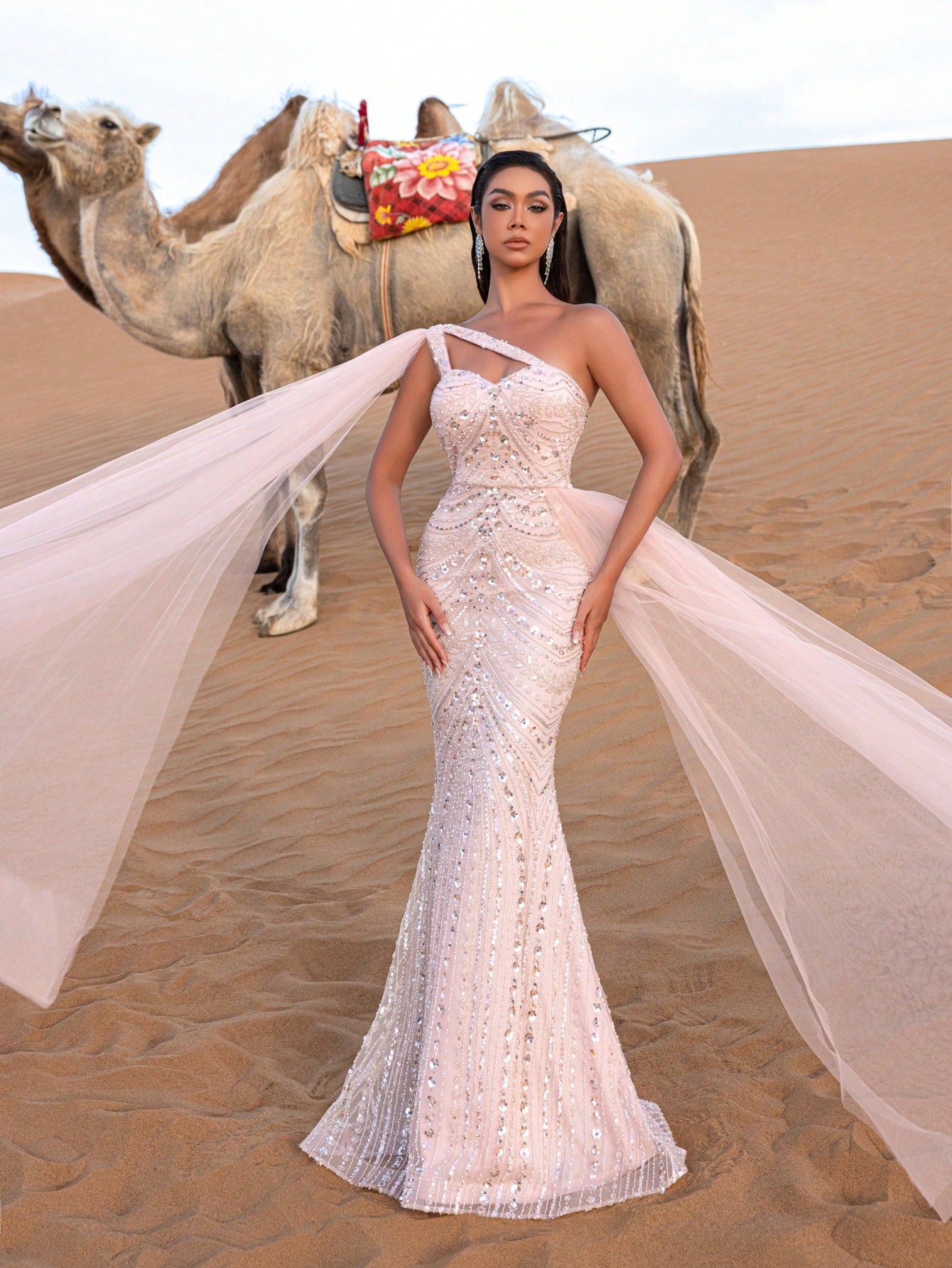 Gorgeous One Shoulder Mesh Overlay Beaded Formal Dresses & Evening Gowns