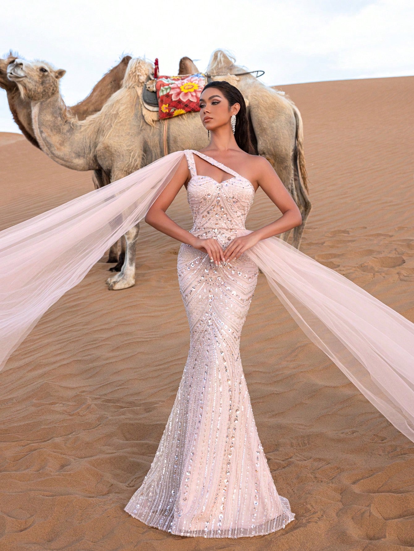 Gorgeous One Shoulder Mesh Overlay Beaded Formal Dresses & Evening Gowns