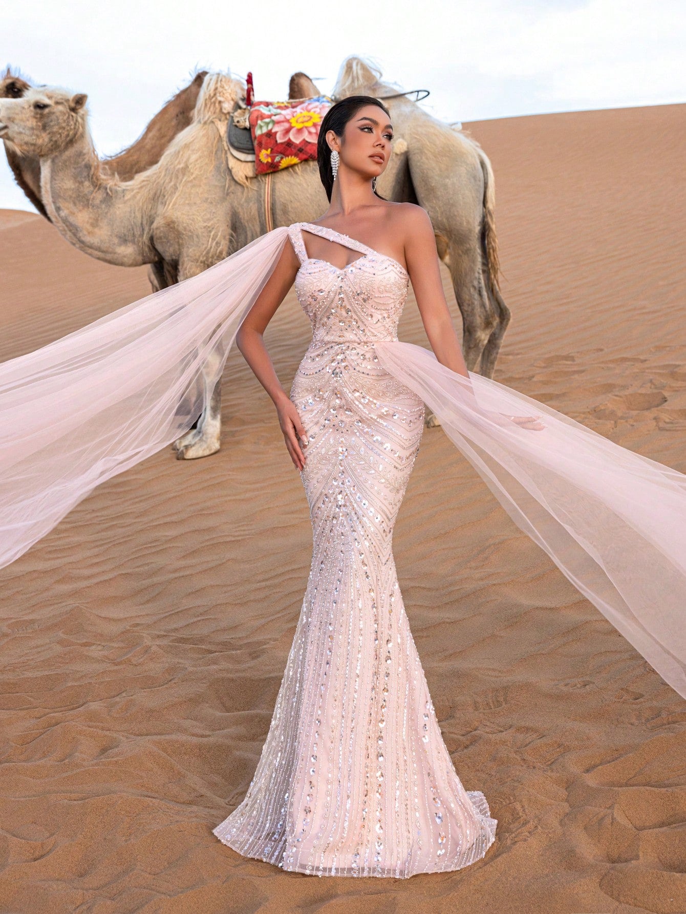 Gorgeous One Shoulder Mesh Overlay Beaded Formal Dresses & Evening Gowns
