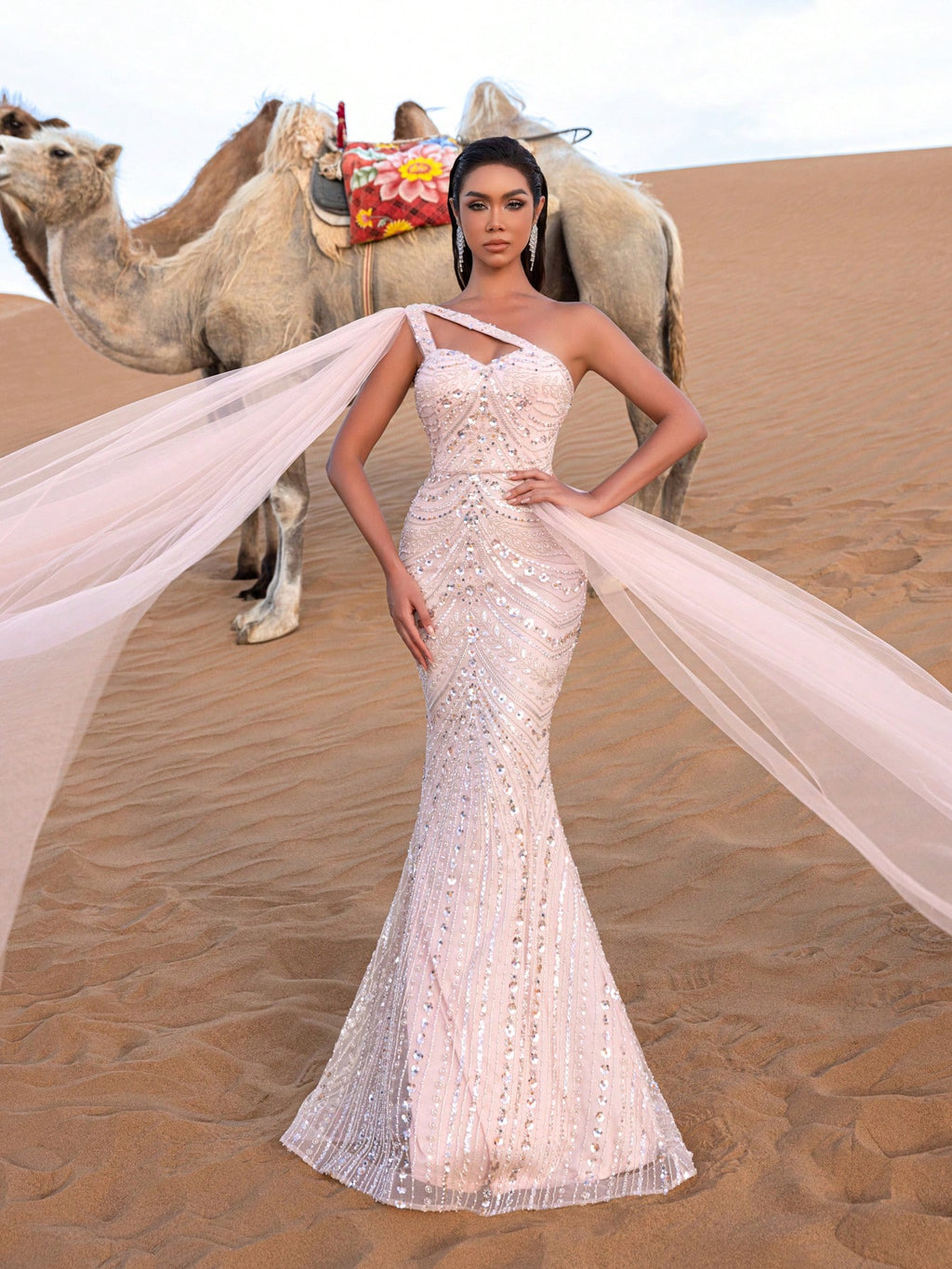 Gorgeous One Shoulder Mesh Overlay Beaded Formal Dresses & Evening Gowns
