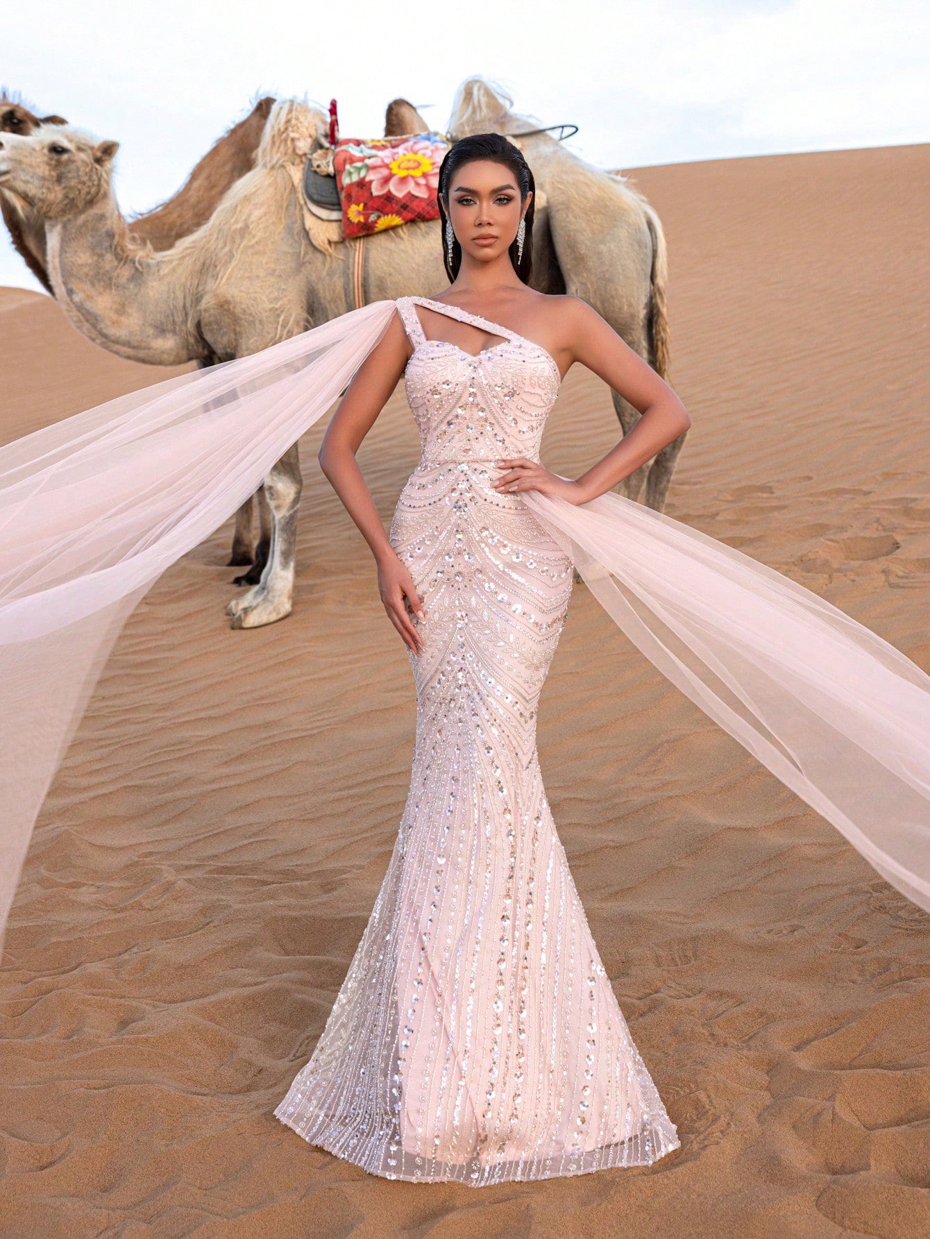 Gorgeous One Shoulder Mesh Overlay Beaded Formal Dresses & Evening Gowns