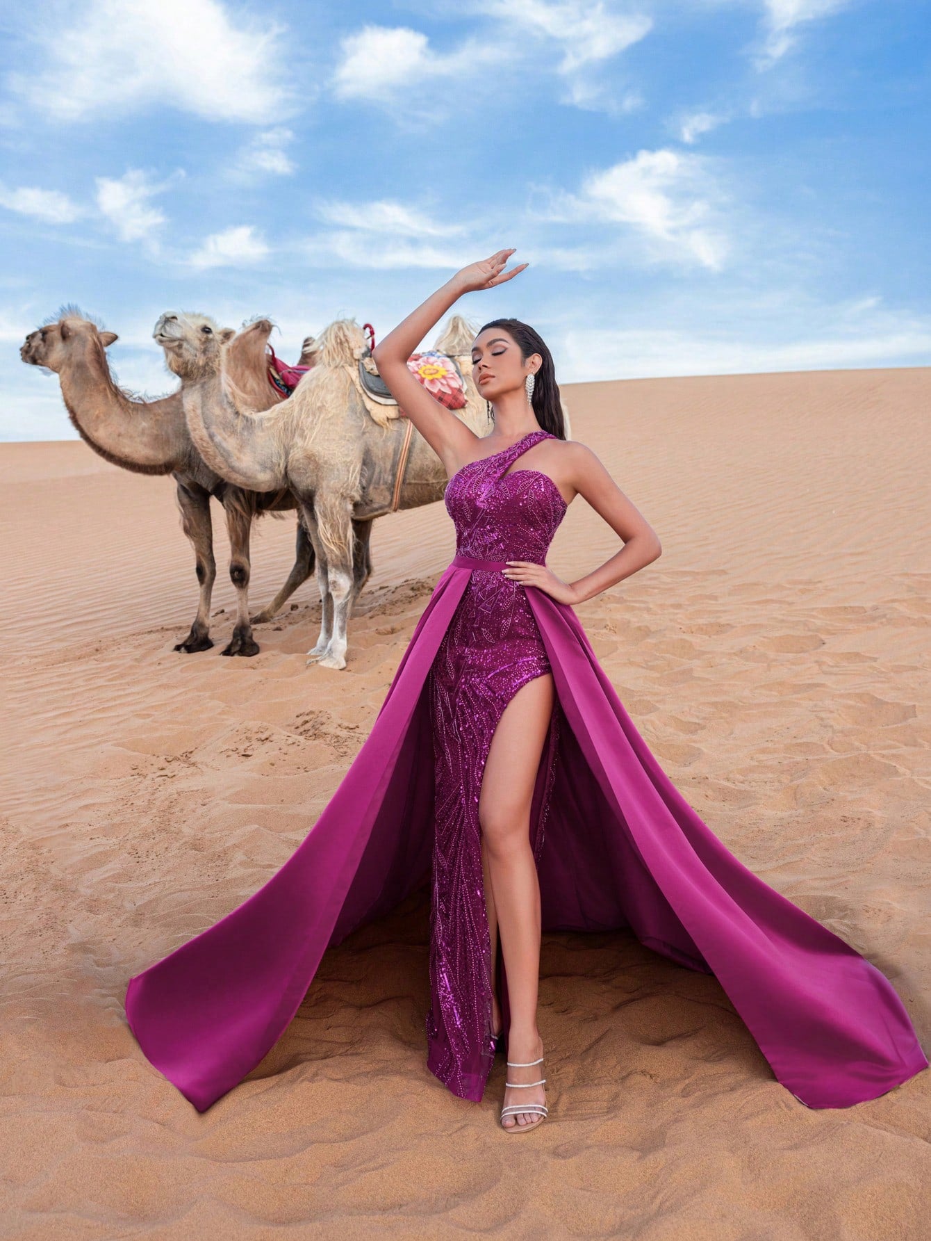Gorgeous One Shoulder Satin Overlay Beaded Formal Dresses & Evening Gowns