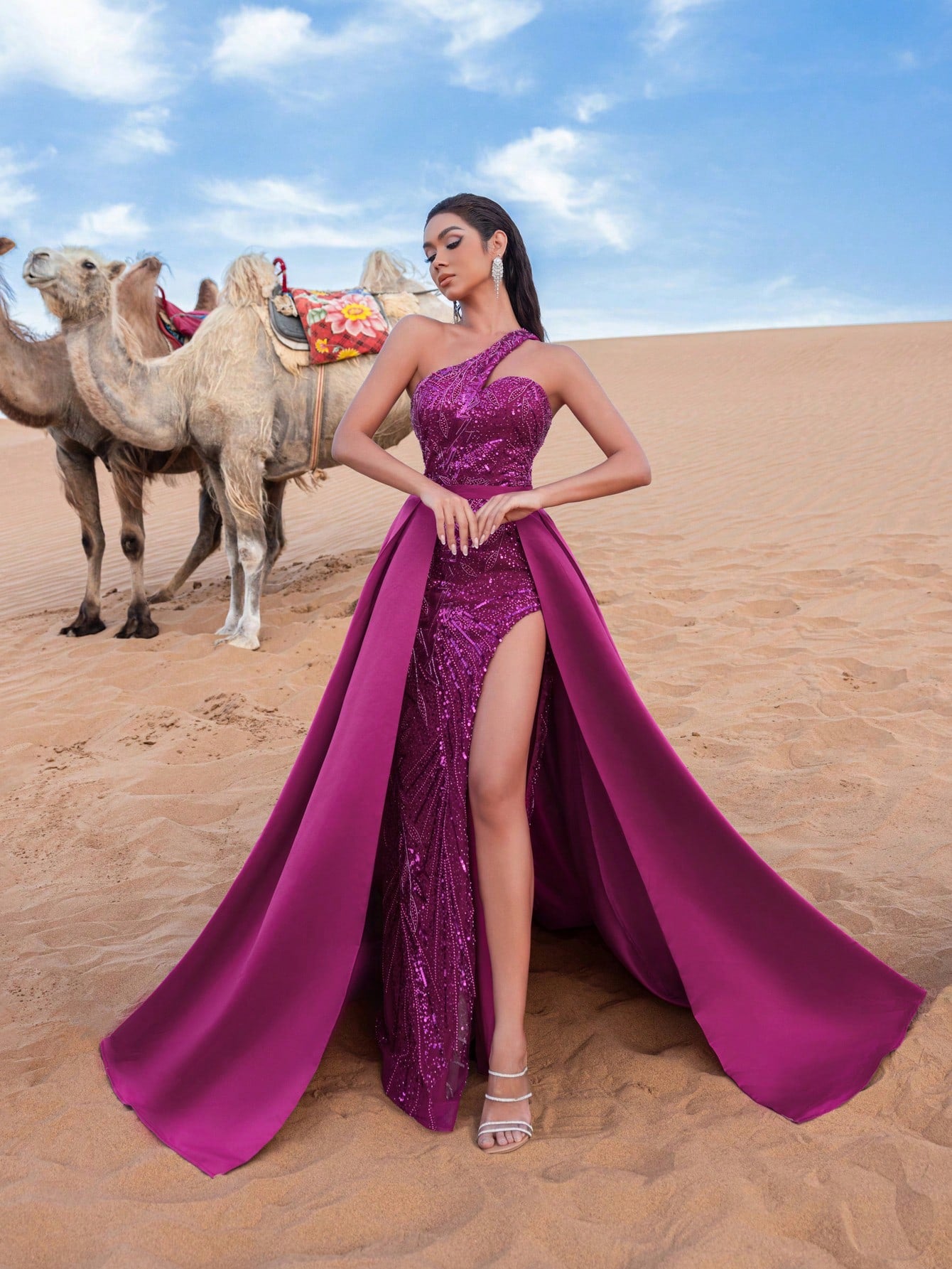 Gorgeous One Shoulder Satin Overlay Beaded Formal Dresses & Evening Gowns