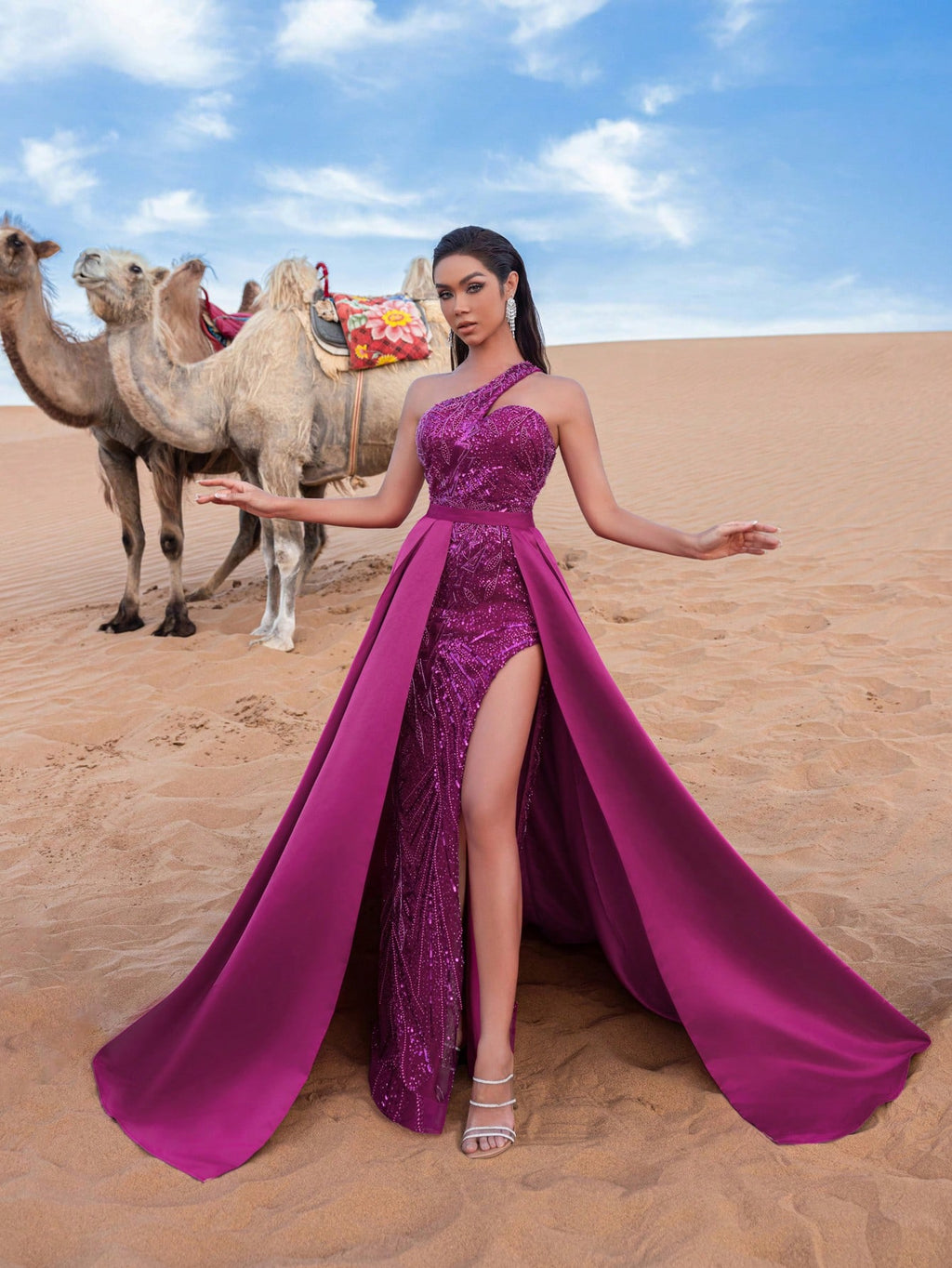 Gorgeous One Shoulder Satin Overlay Beaded Formal Dresses & Evening Gowns