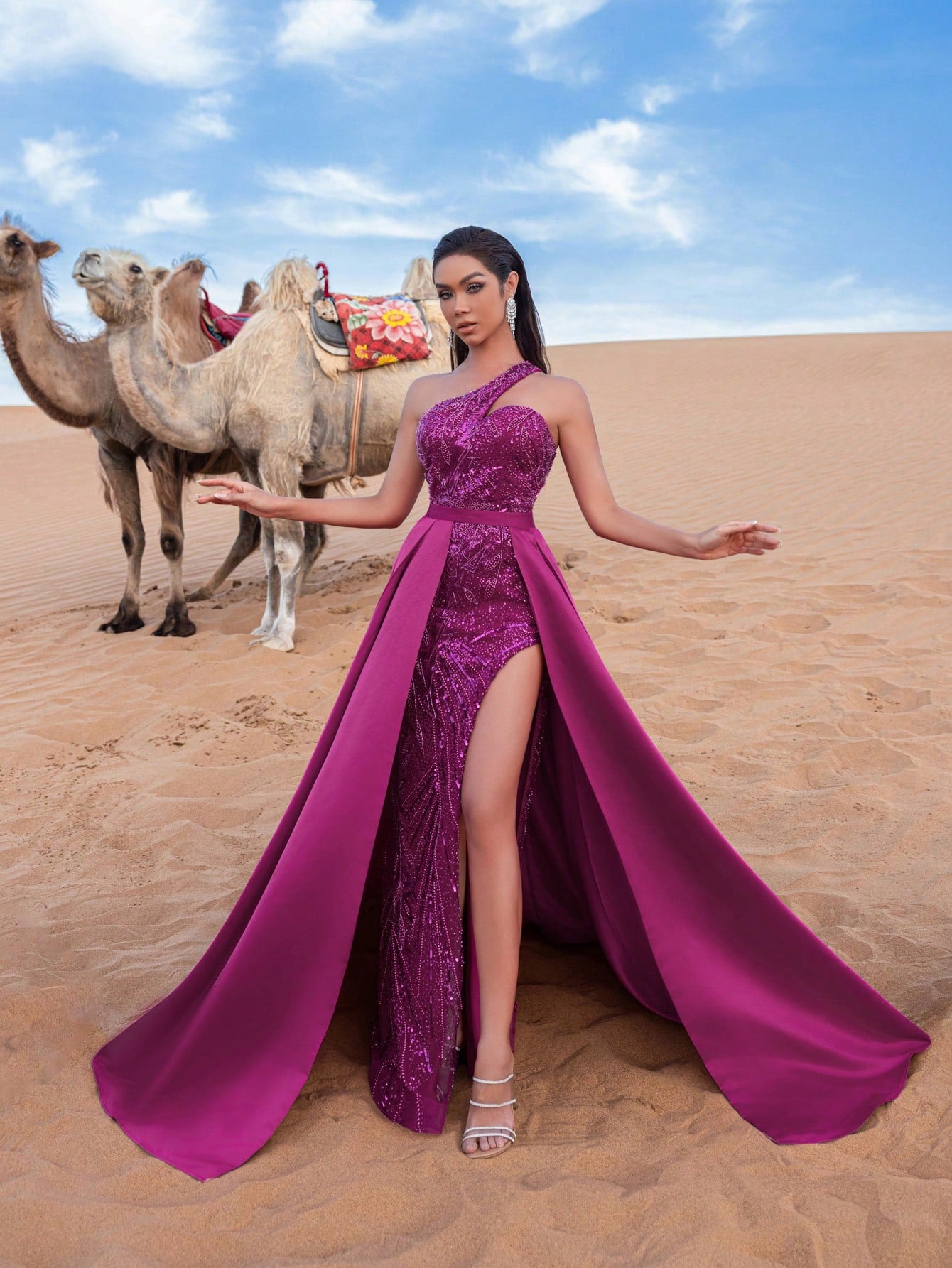 Gorgeous One Shoulder Satin Overlay Beaded Formal Dresses & Evening Gowns