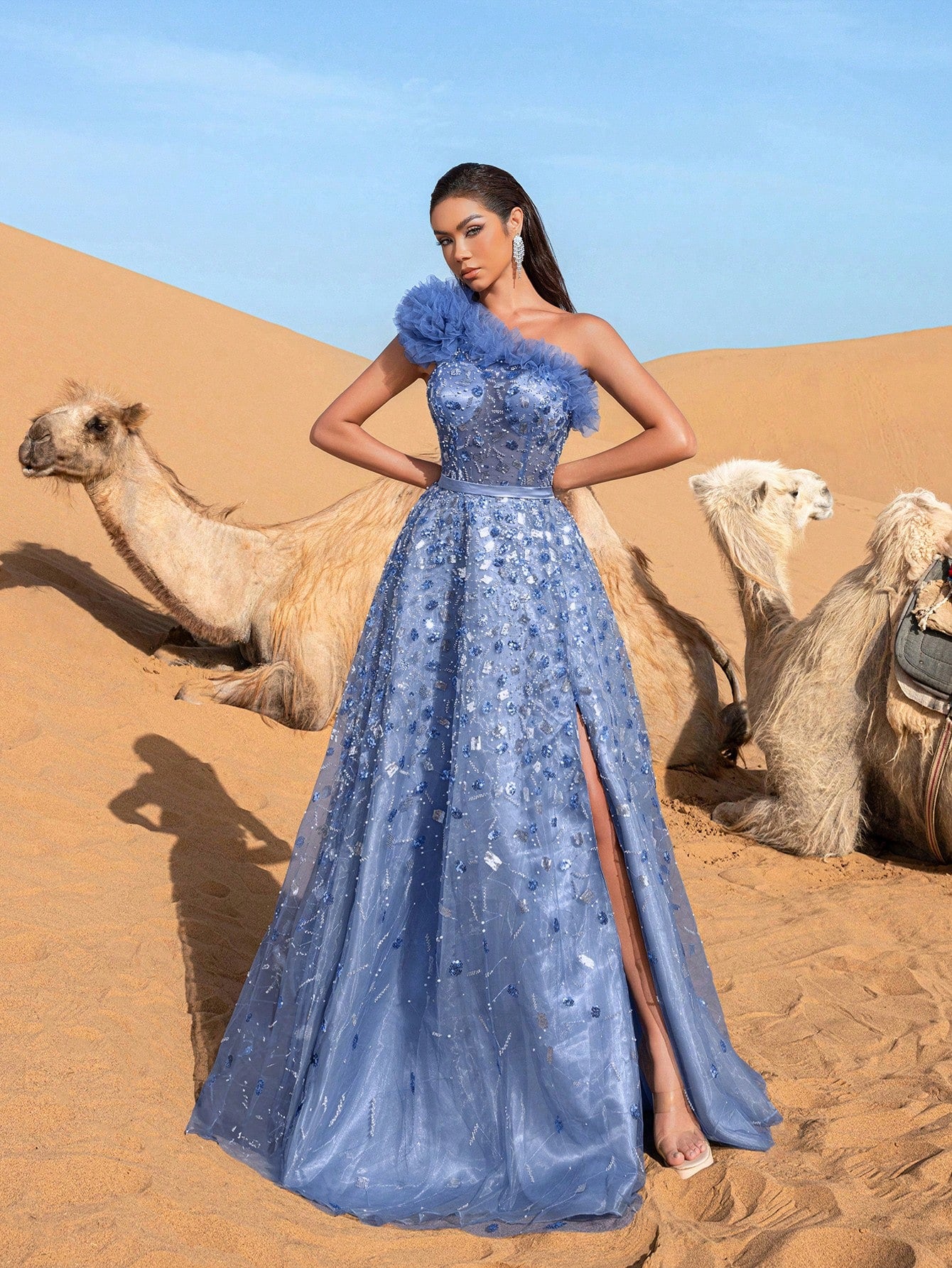 Gorgeous One Shoulder Floral Sequin Beaded Formal Prom Dresses & Evening Gowns