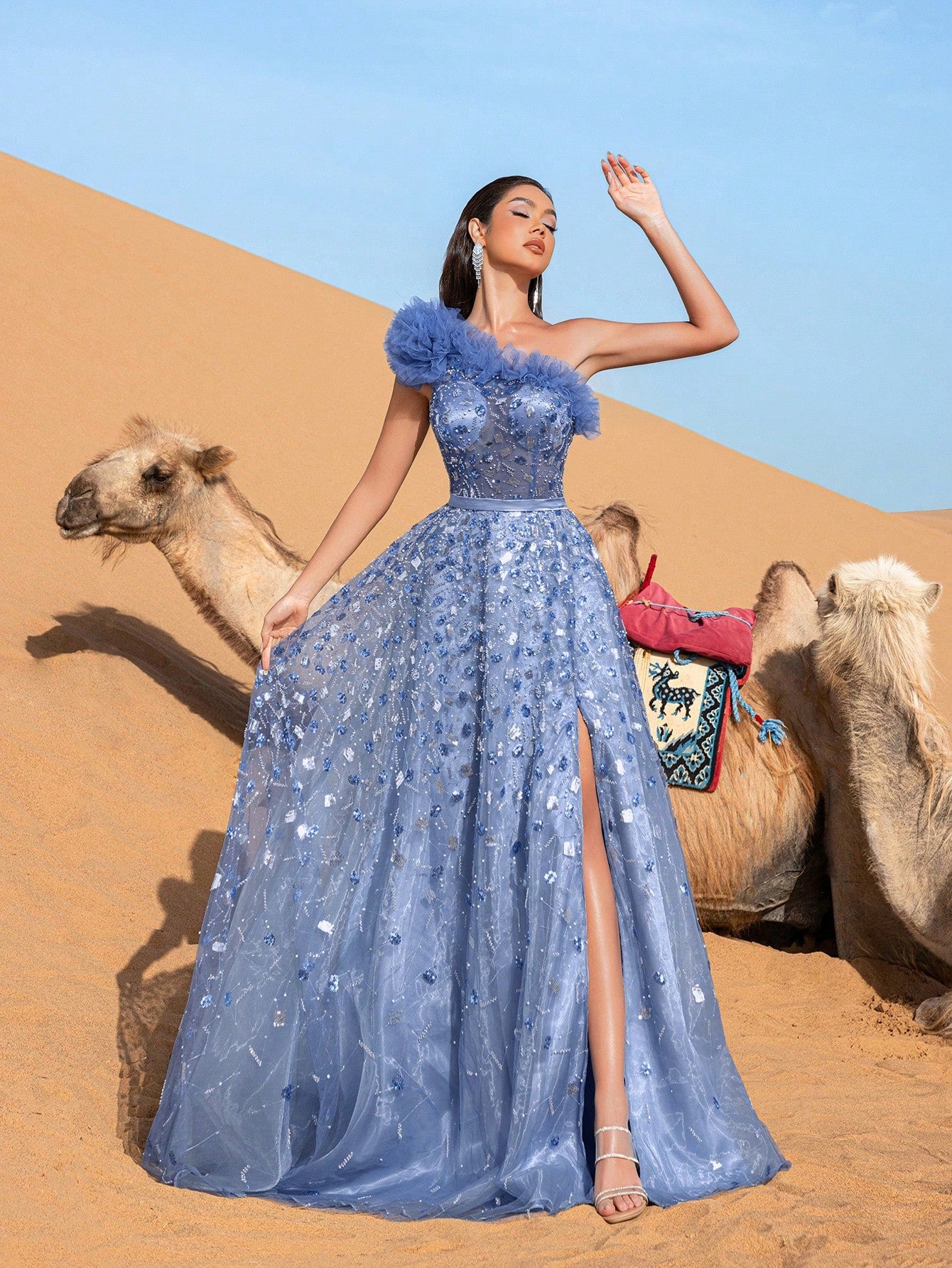 Gorgeous One Shoulder Floral Sequin Beaded Formal Prom Dresses & Evening Gowns