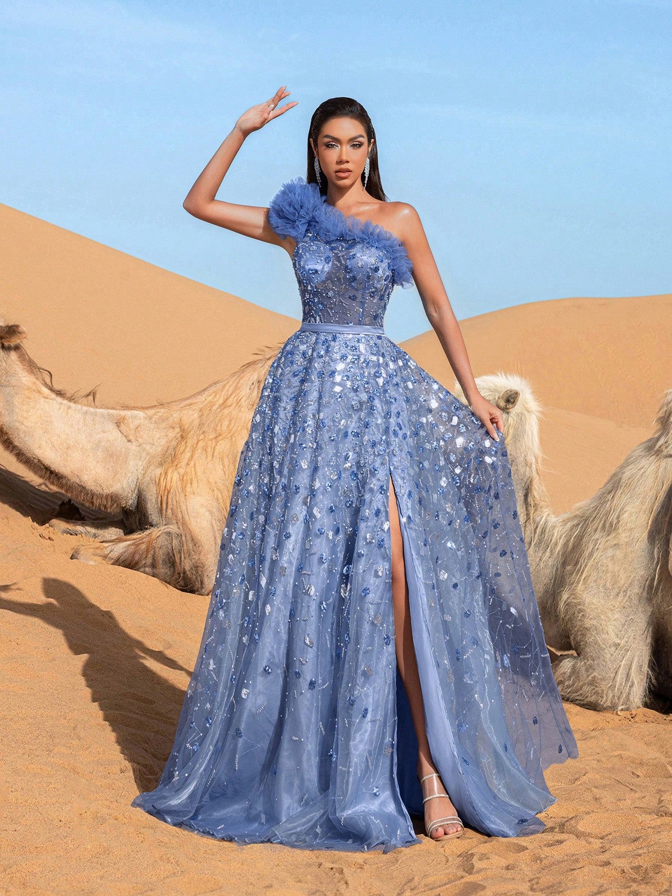 Gorgeous One Shoulder Floral Sequin Beaded Formal Prom Dresses & Evening Gowns