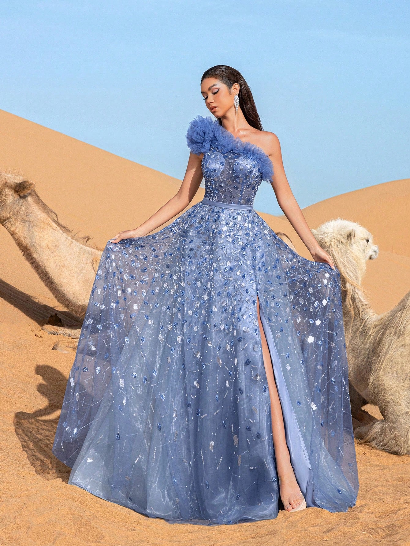 Gorgeous One Shoulder Floral Sequin Beaded Formal Prom Dresses & Evening Gowns