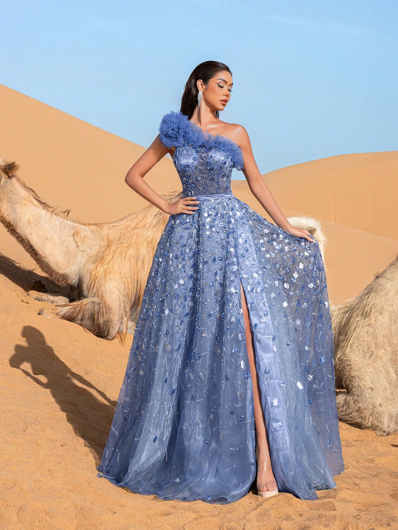 Gorgeous One Shoulder Floral Sequin Beaded Formal Prom Dresses & Evening Gowns