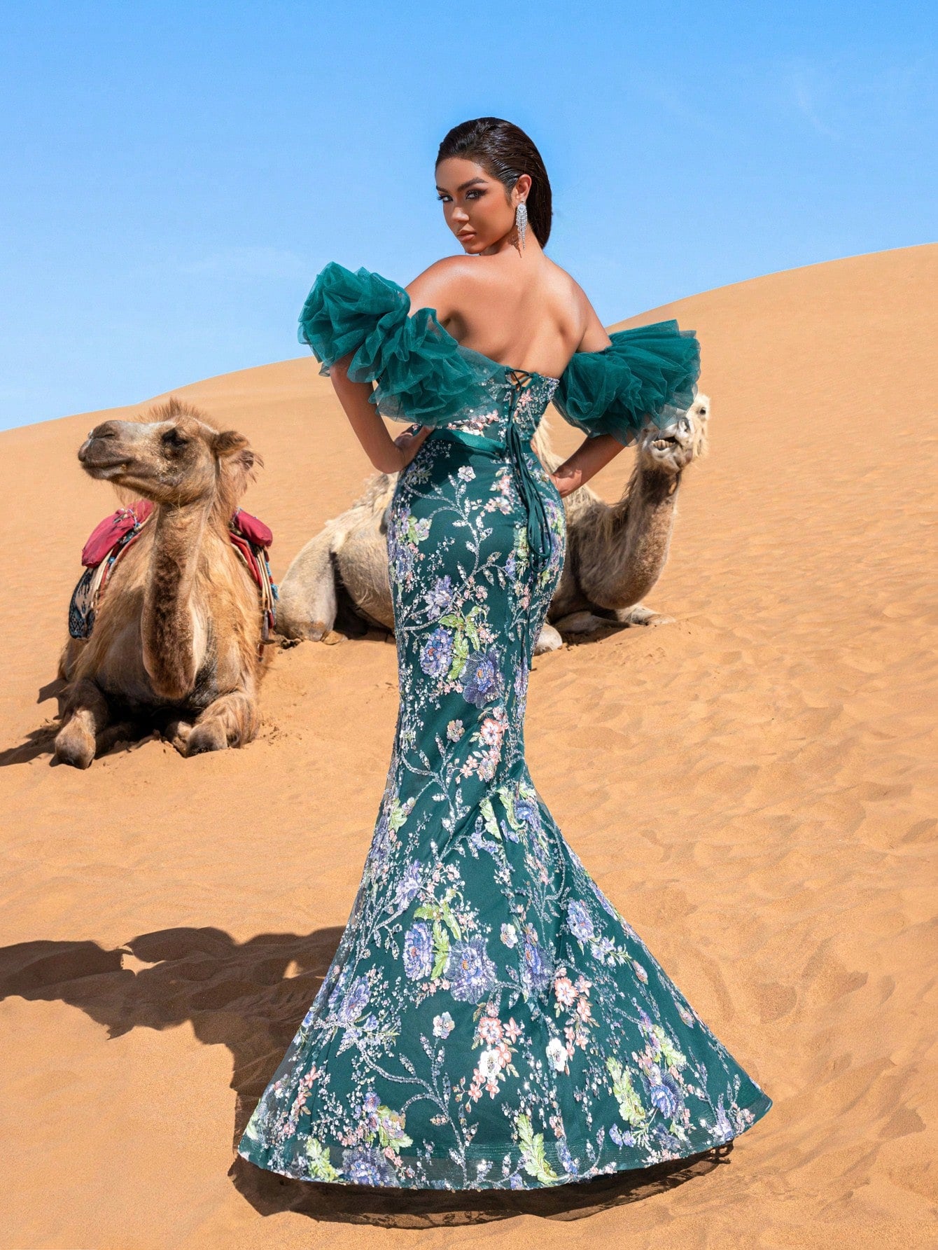 Luxury Off Shoulder Split Thigh Floral Beaded Sequin Formal Dresses & Evening Gowns