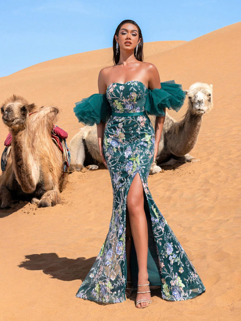 Luxury Off Shoulder Split Thigh Floral Beaded Sequin Formal Dresses & Evening Gowns