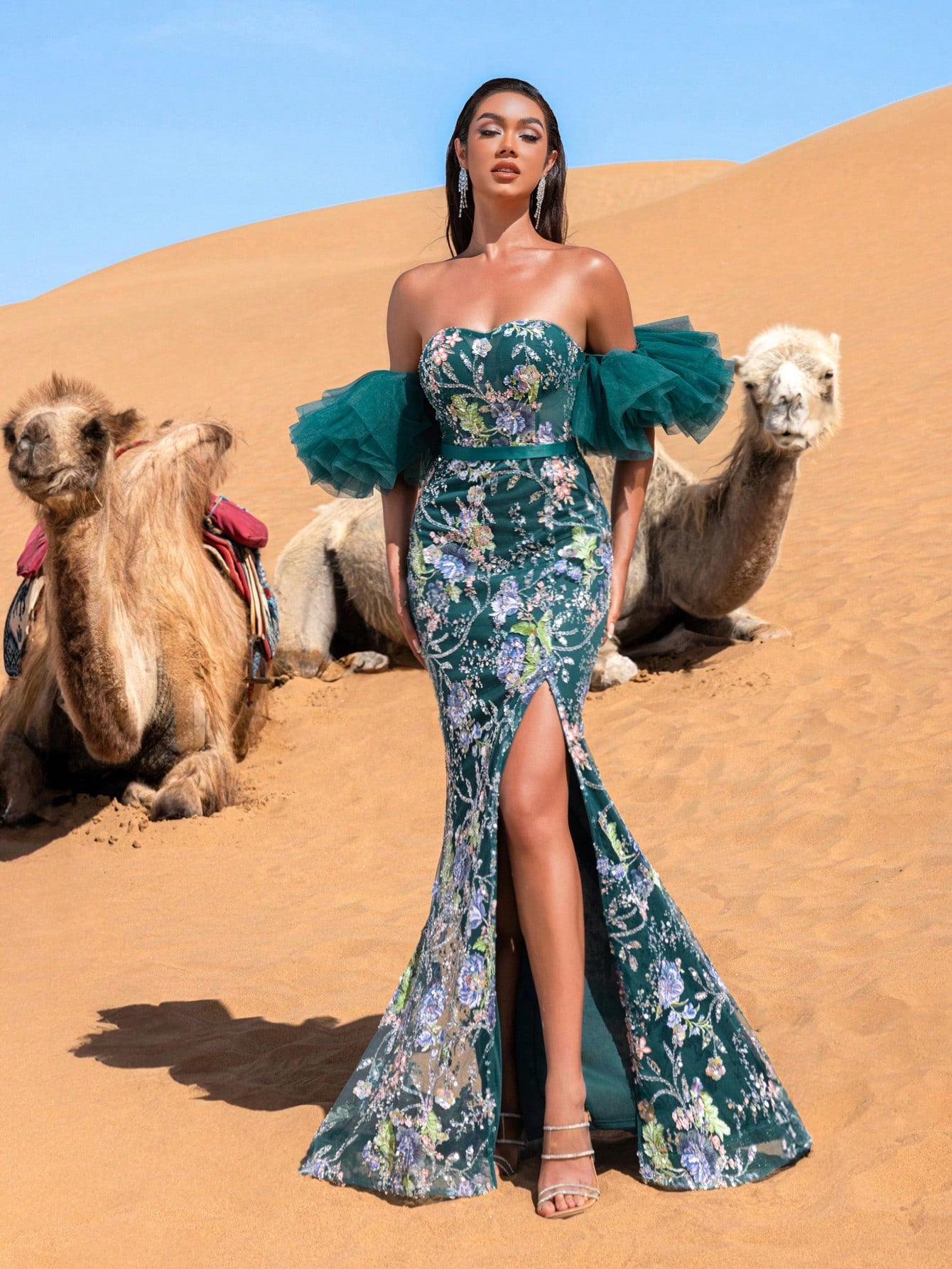 Luxury Off Shoulder Split Thigh Floral Beaded Sequin Formal Dresses & Evening Gowns