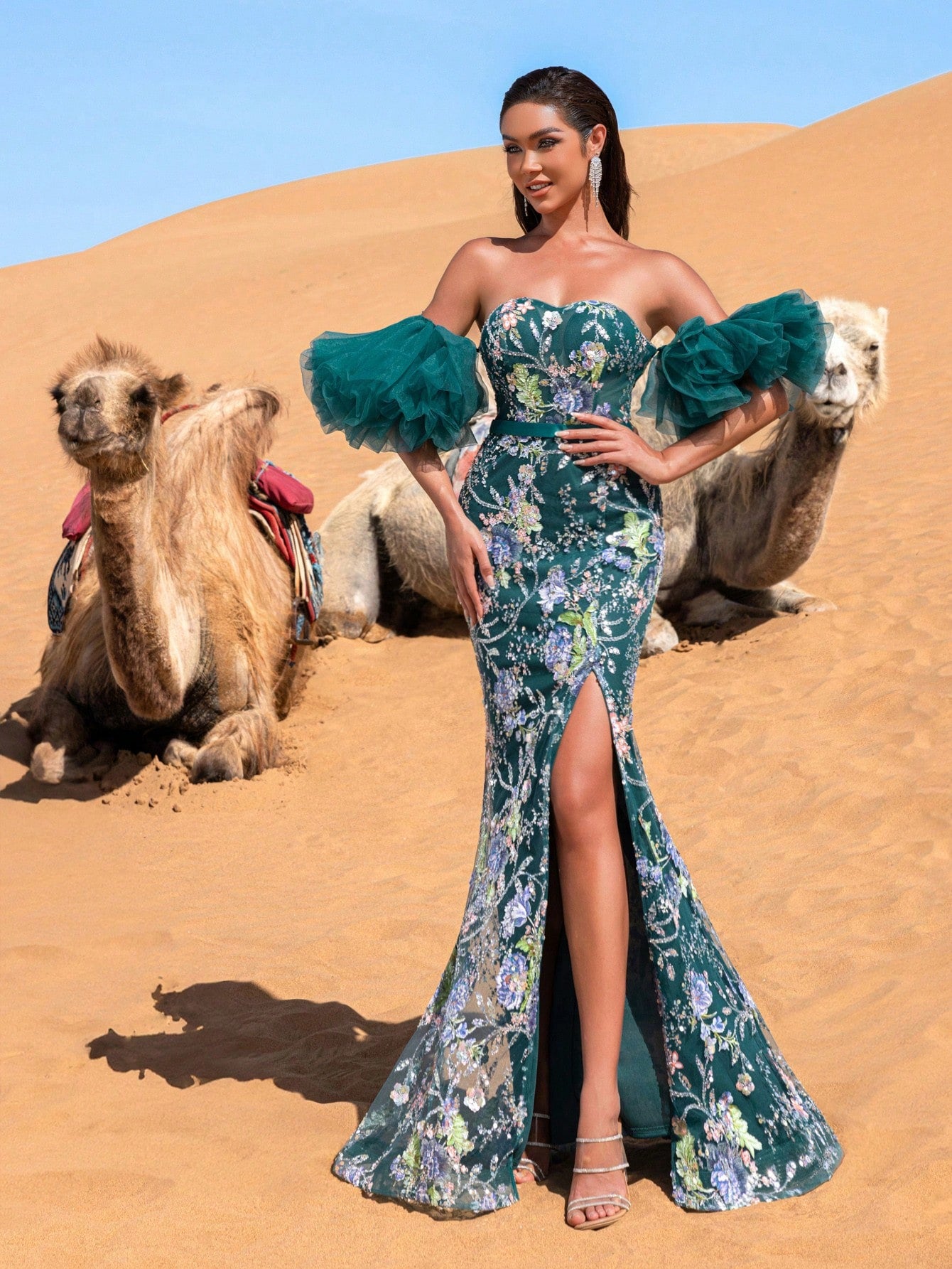 Luxury Off Shoulder Split Thigh Floral Beaded Sequin Formal Dresses & Evening Gowns