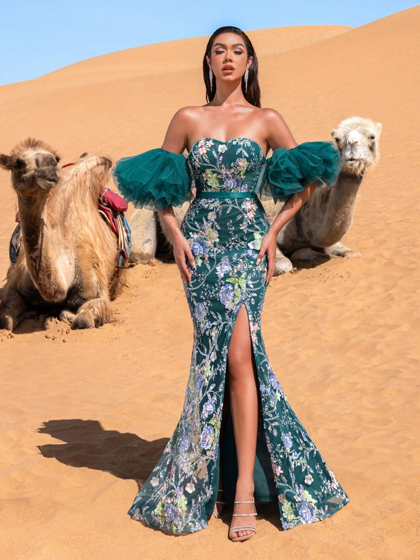 Luxury Off Shoulder Split Thigh Floral Beaded Sequin Formal Dresses & Evening Gowns