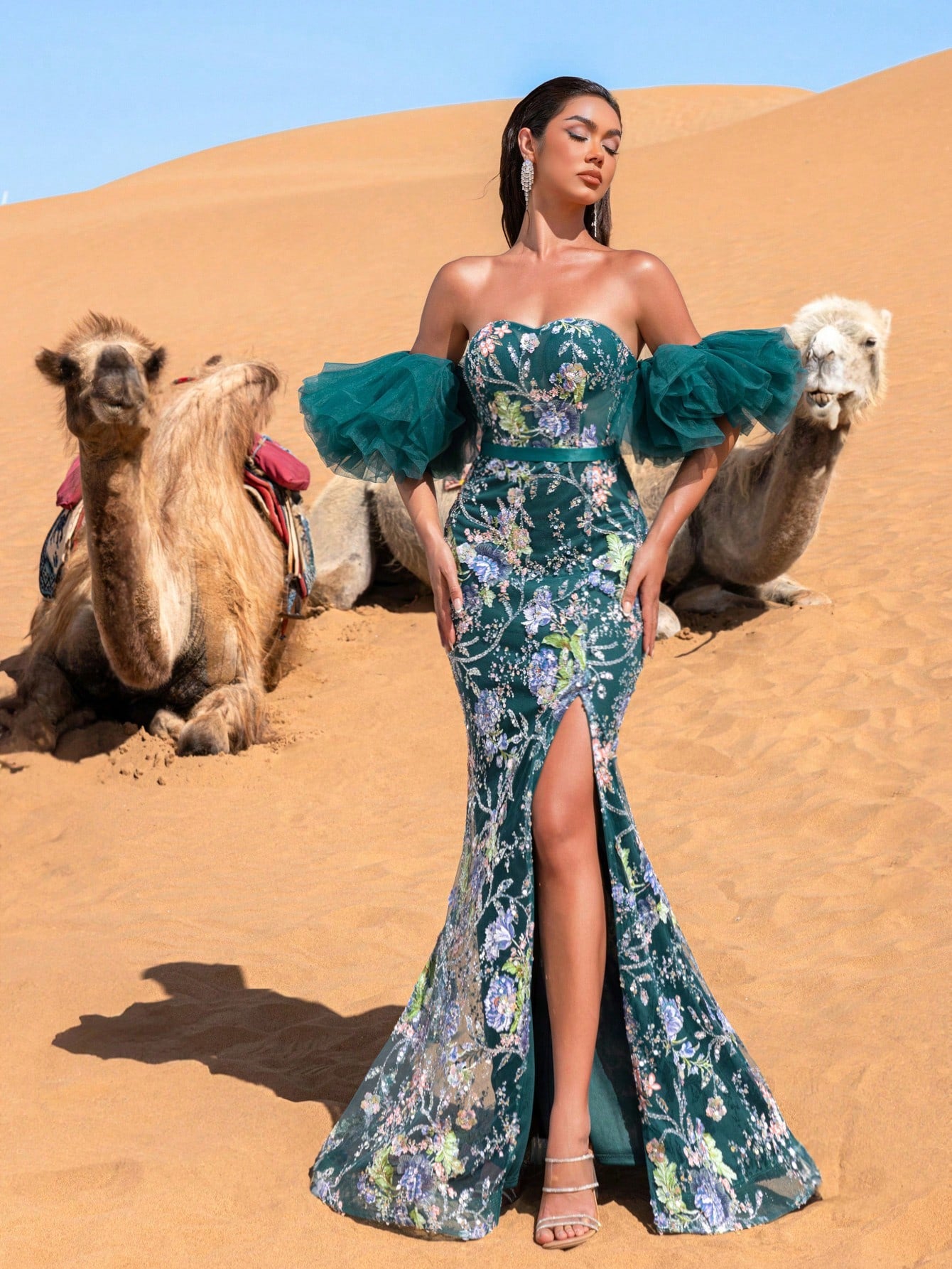 Luxury Off Shoulder Split Thigh Floral Beaded Sequin Formal Dresses & Evening Gowns