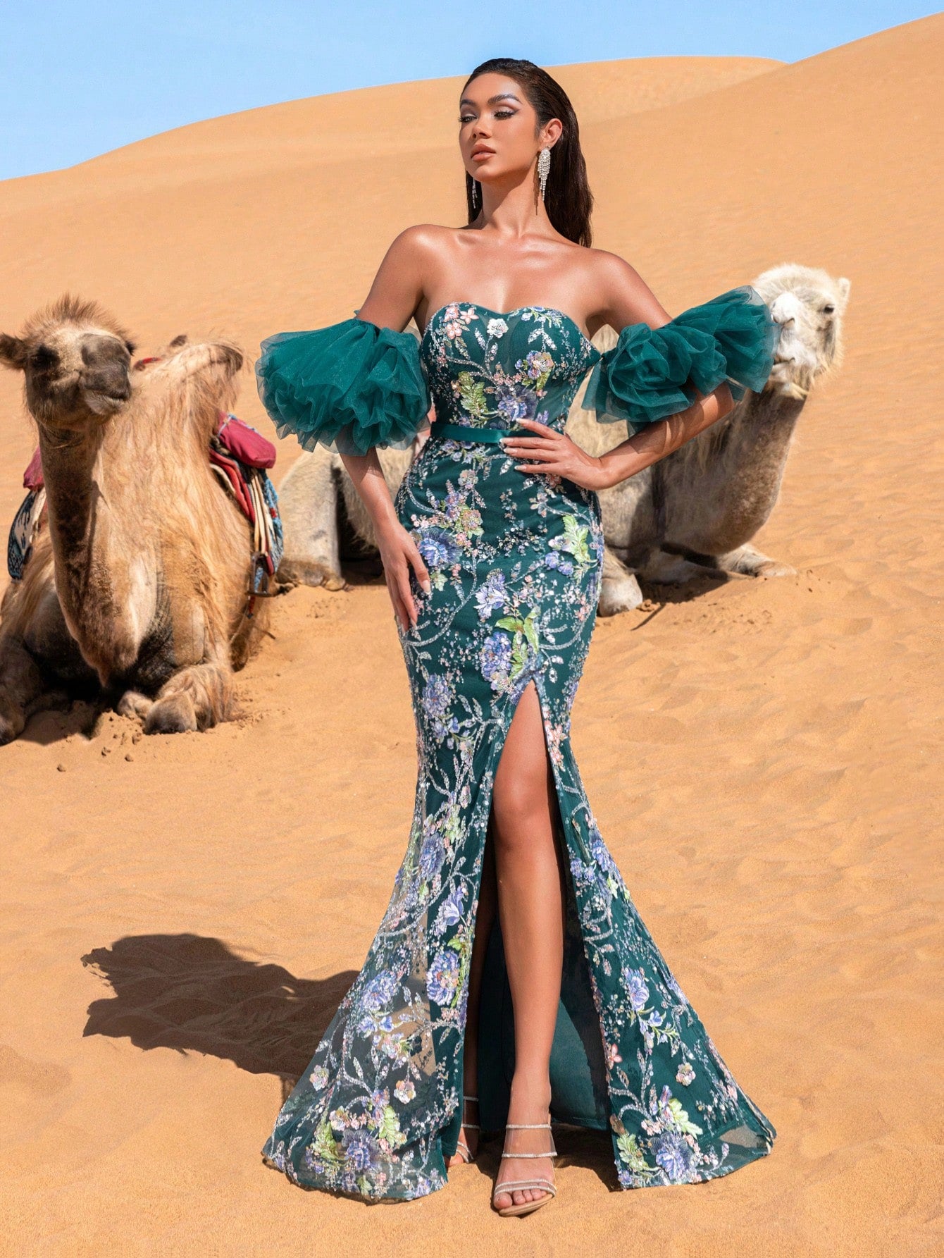 Luxury Off Shoulder Split Thigh Floral Beaded Sequin Formal Dresses & Evening Gowns