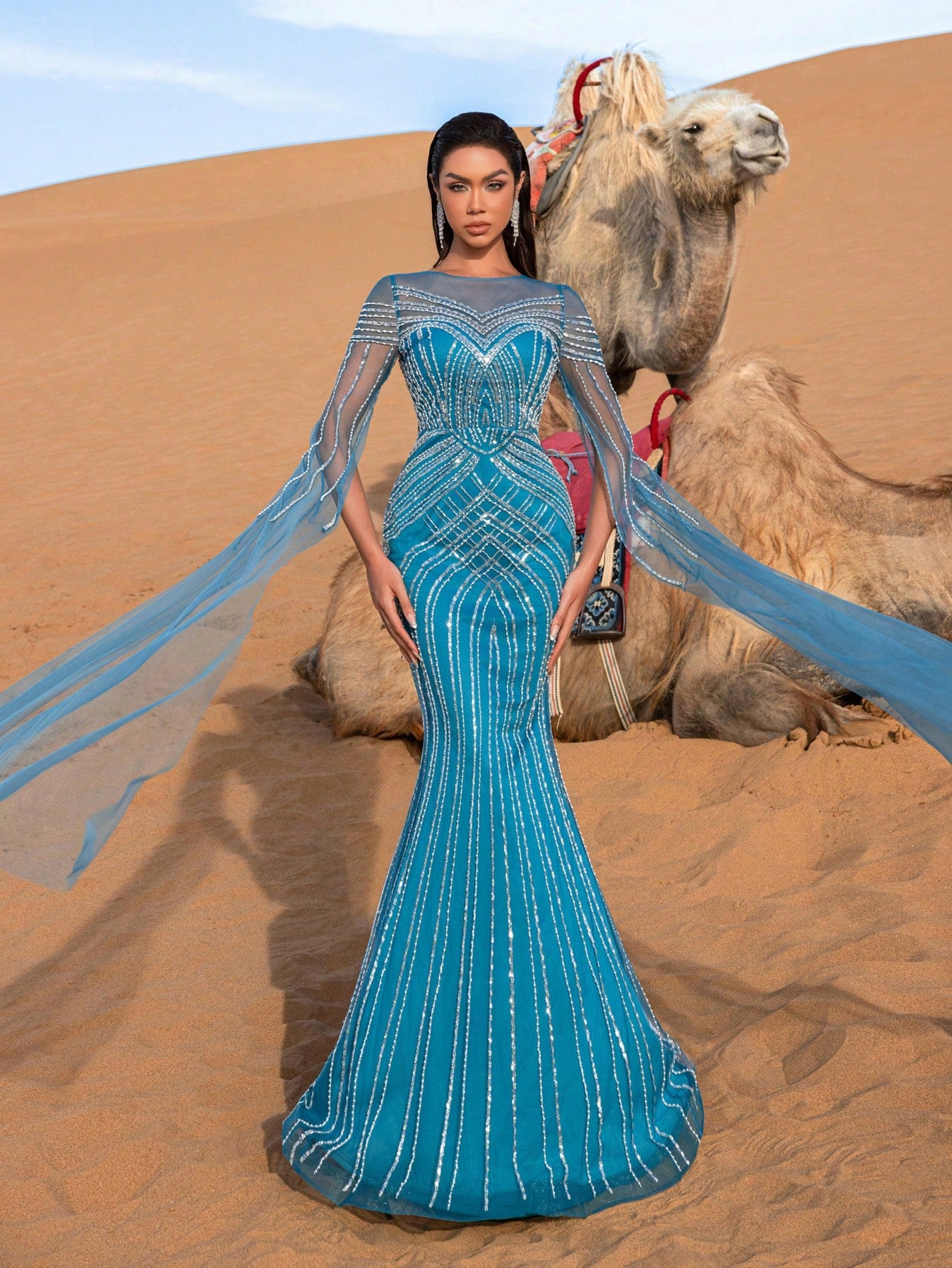 Gorgeous Cloak Sleeves Mermaid Hem Beaded Formal Dresses & Evening Gowns