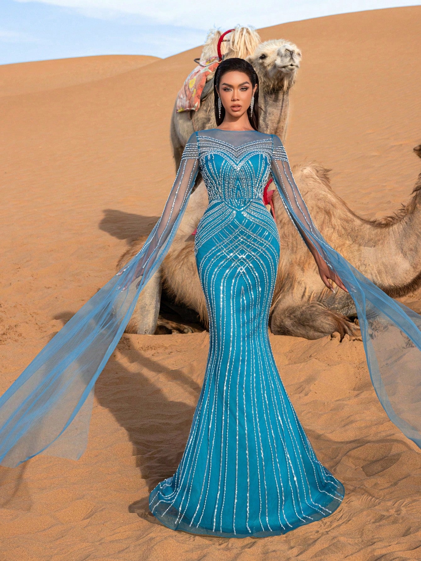 Gorgeous Cloak Sleeves Mermaid Hem Beaded Formal Dresses & Evening Gowns