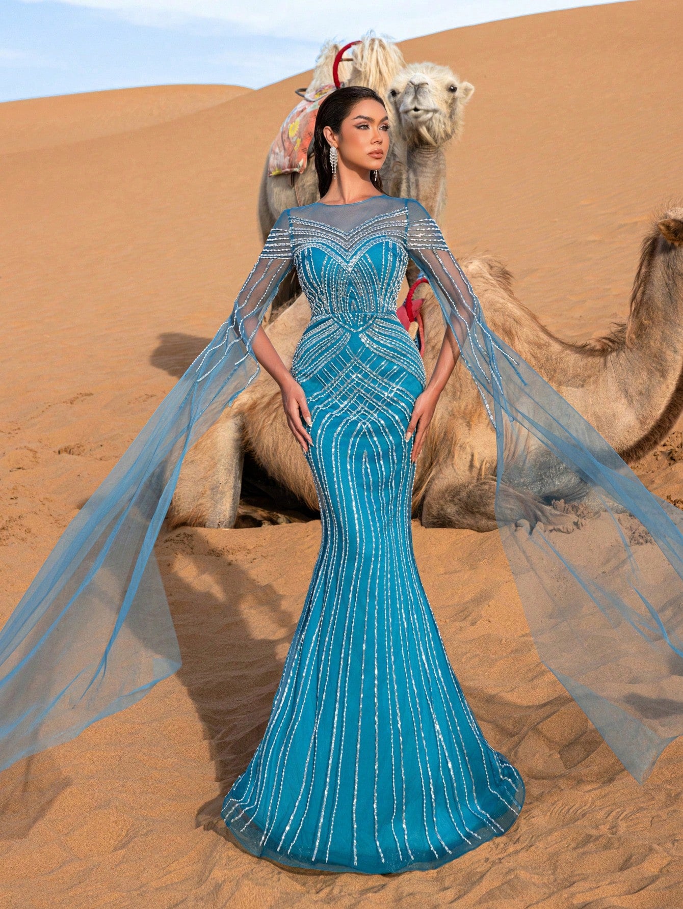 Gorgeous Cloak Sleeves Mermaid Hem Beaded Formal Dresses & Evening Gowns