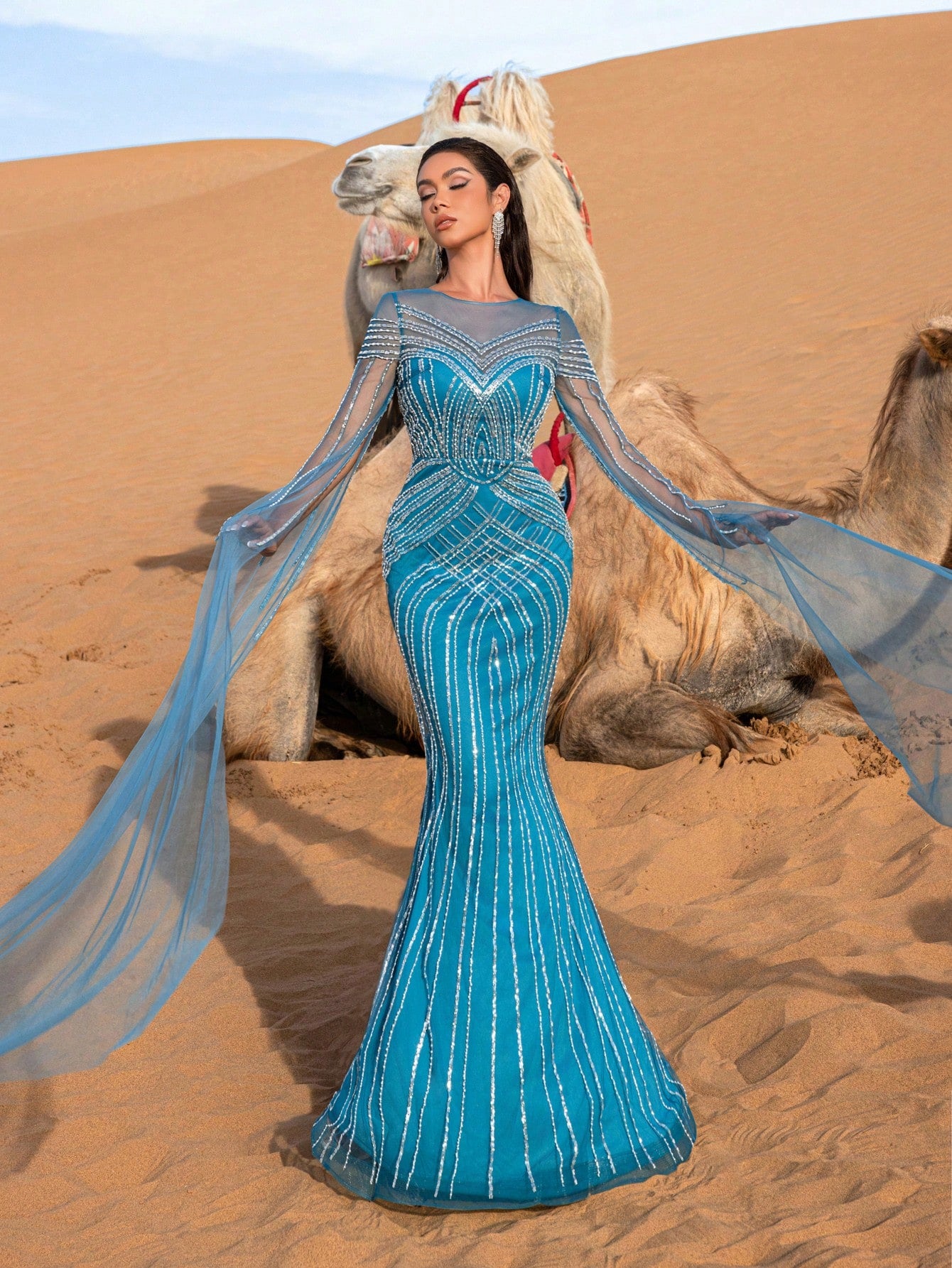 Gorgeous Cloak Sleeves Mermaid Hem Beaded Formal Dresses & Evening Gowns