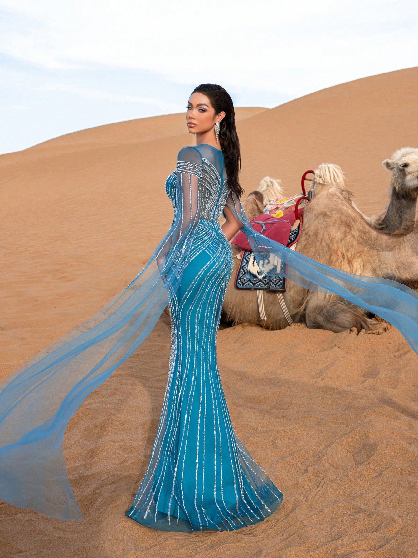 Gorgeous Cloak Sleeves Mermaid Hem Beaded Formal Dresses & Evening Gowns