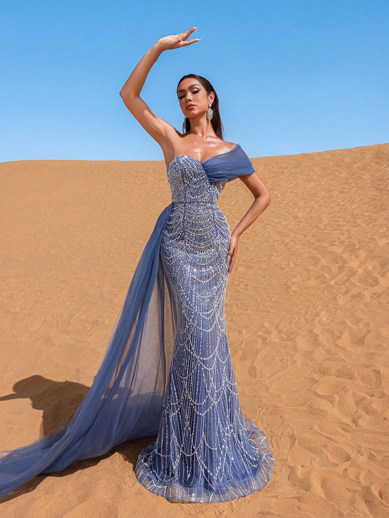 Asymmetrical One Shoulder Draped Side Sequin Prom Beaded Formal Dresses & Evening Gowns Dress & Embellished Dress