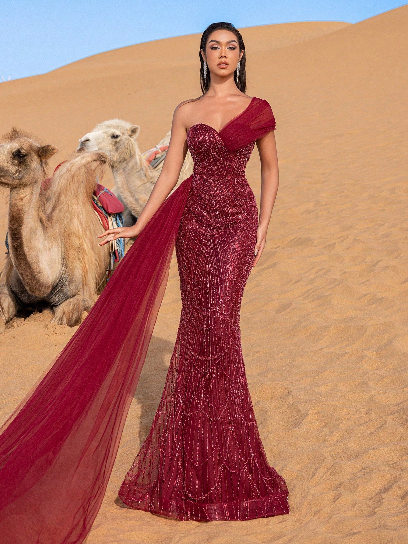 Asymmetrical One Shoulder Draped Side Sequin Prom Beaded Formal Dresses & Evening Gowns Dress & Embellished Dress